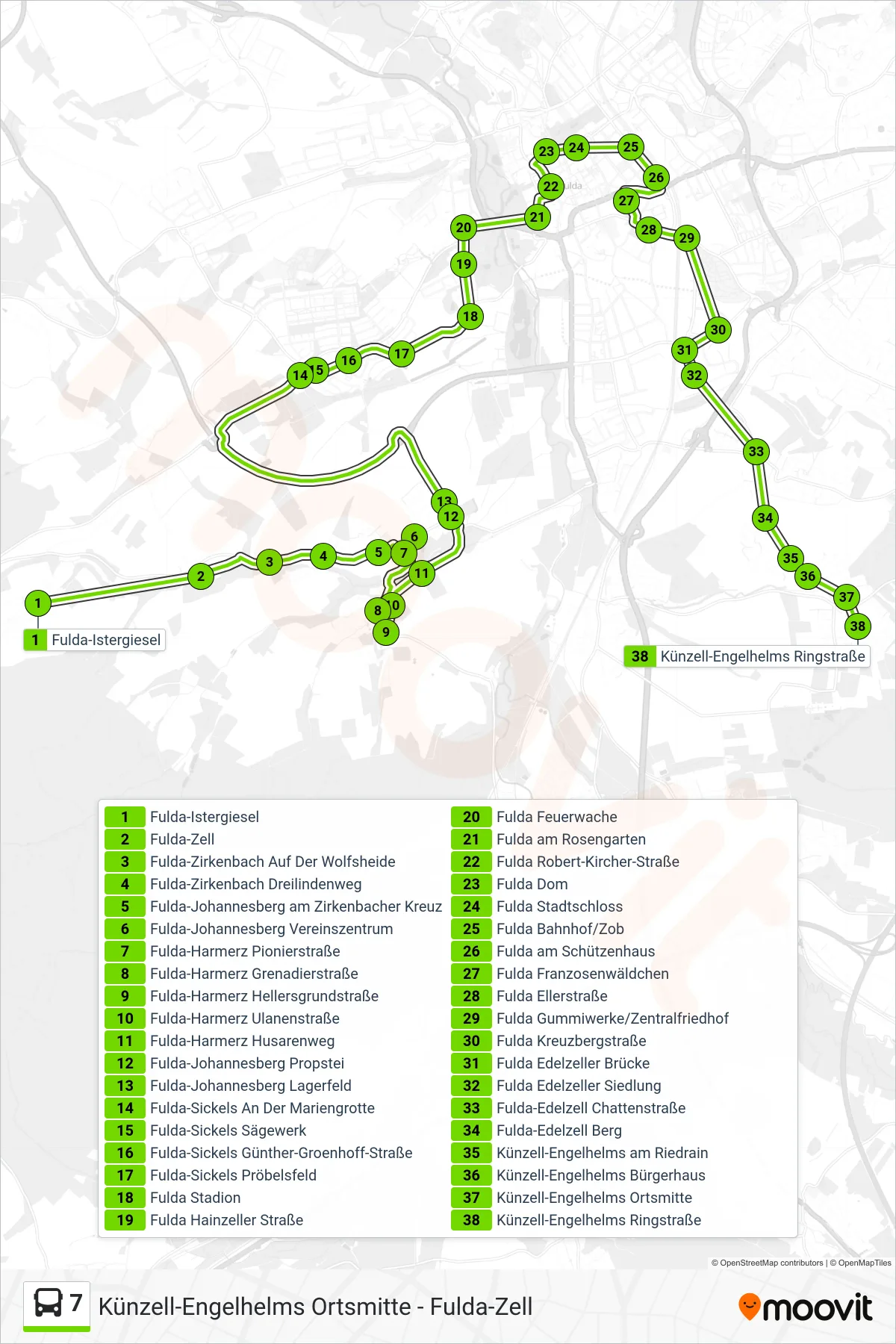 7 bus Line (Engelhelms) route and stops on a map