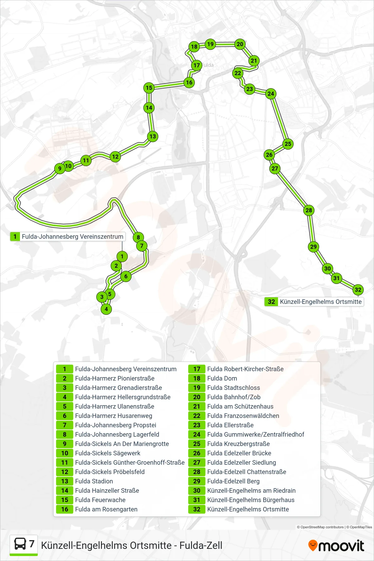 7 bus Line (Künzell-Engelhelms Ortsmitte) route and stops on a map