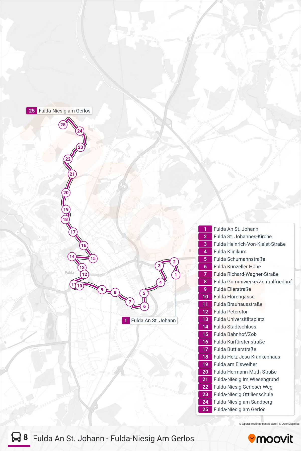 8 bus Line (Fulda-Niesig am Gerlos) route and stops on a map