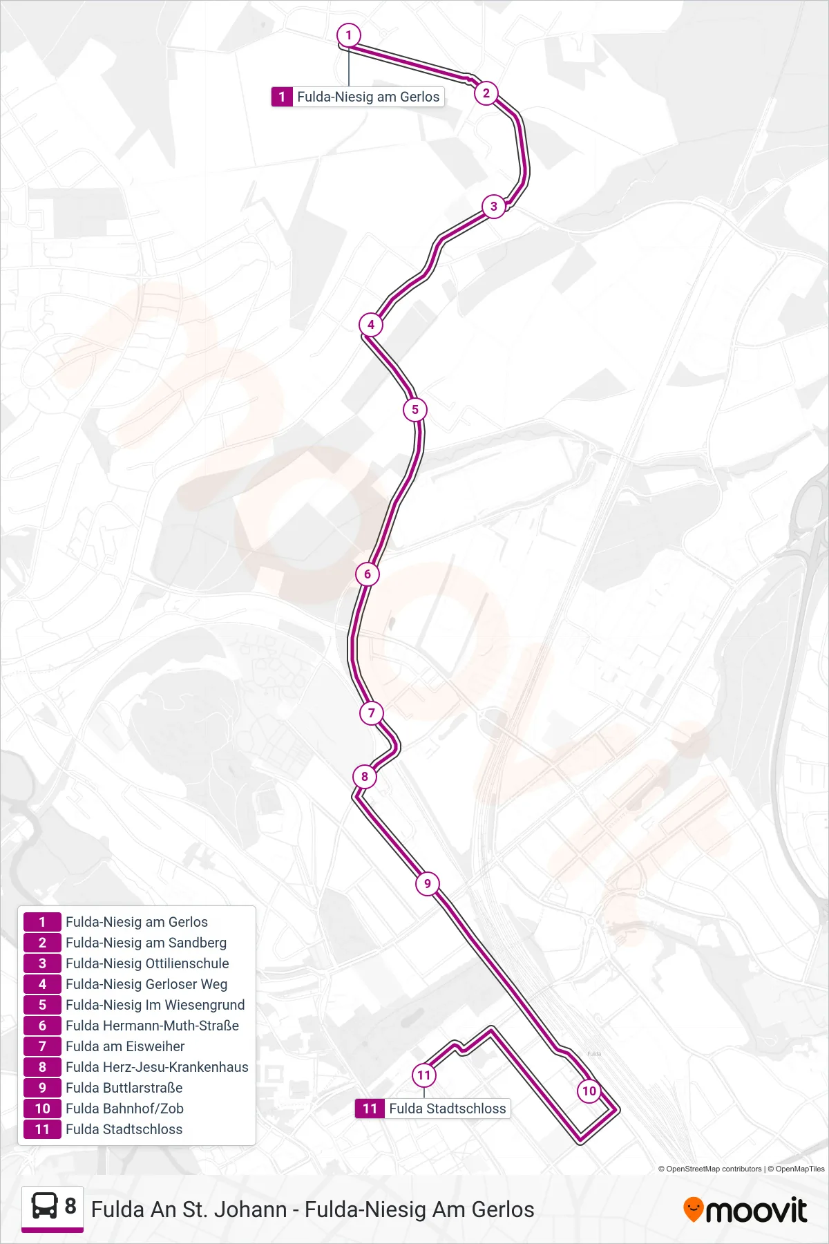 8 bus Line (Stadtschloss) route and stops on a map