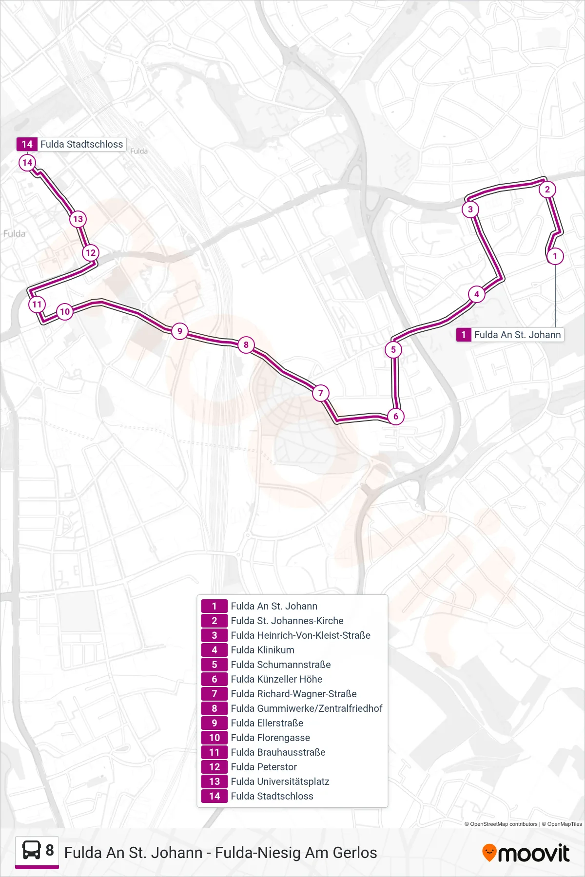 8 bus Line (Stadtschloss) route and stops on a map