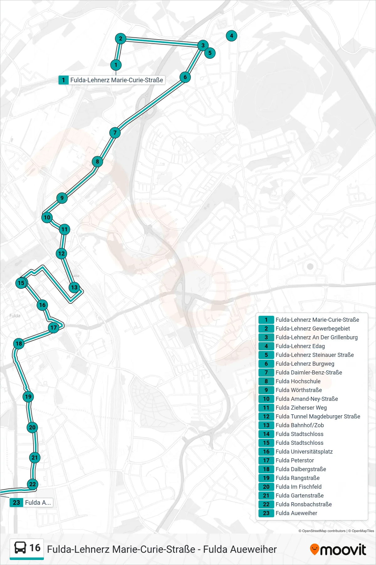 16 bus Line (Aueweiher) route and stops on a map