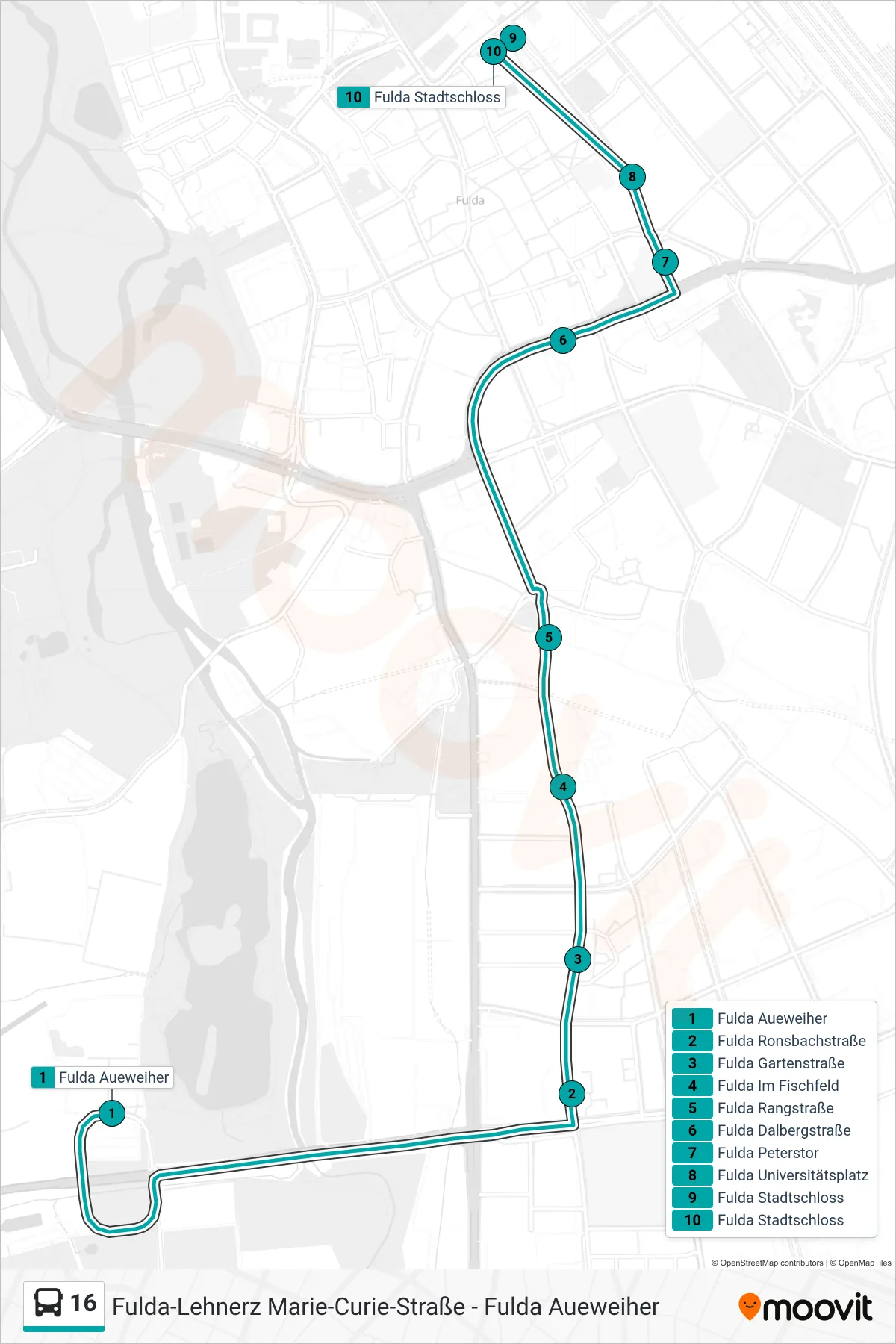 16 bus Line (Stadtschloss) route and stops on a map