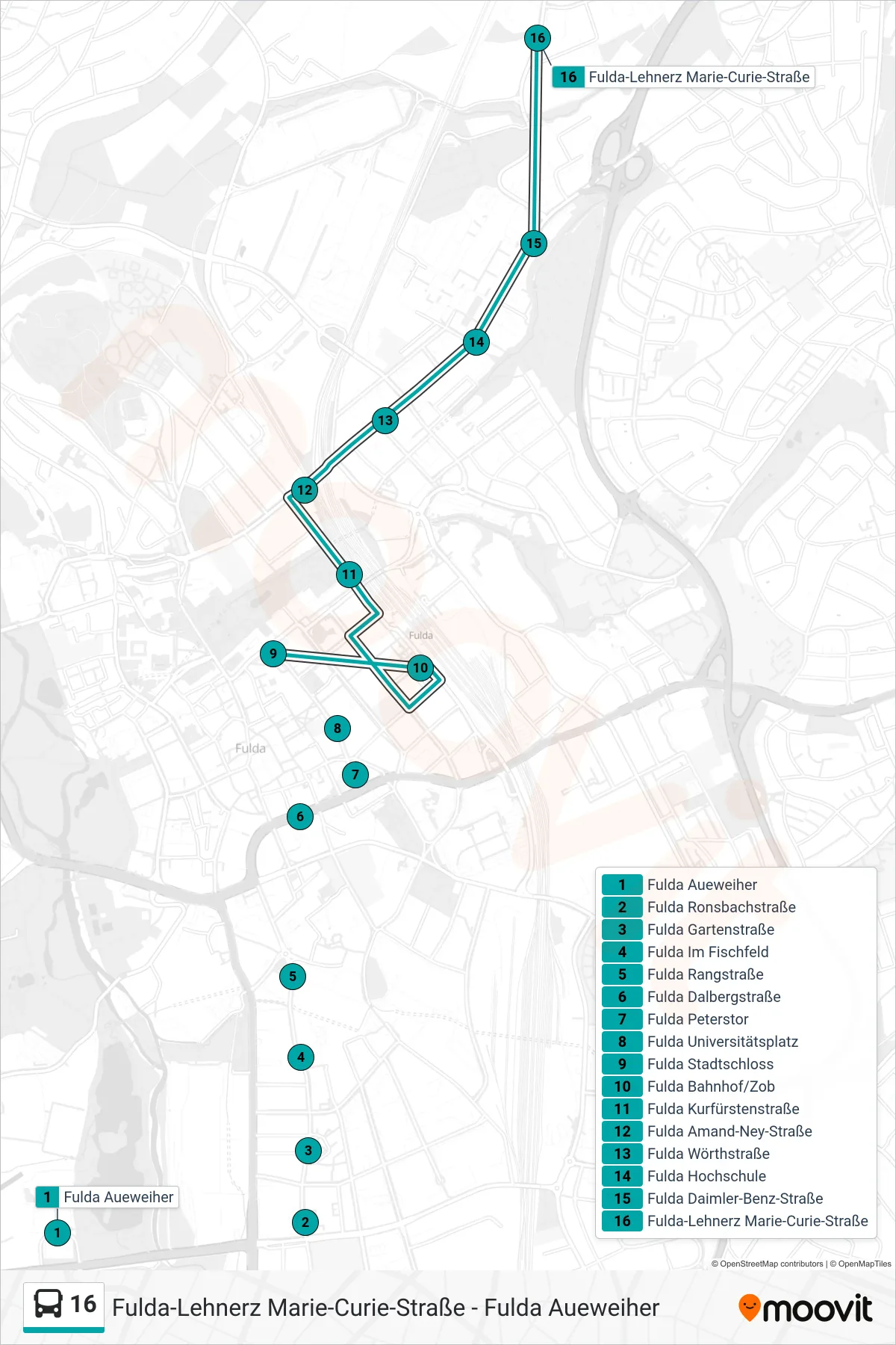 16 bus Line (Lehnerz Gewerb.) route and stops on a map