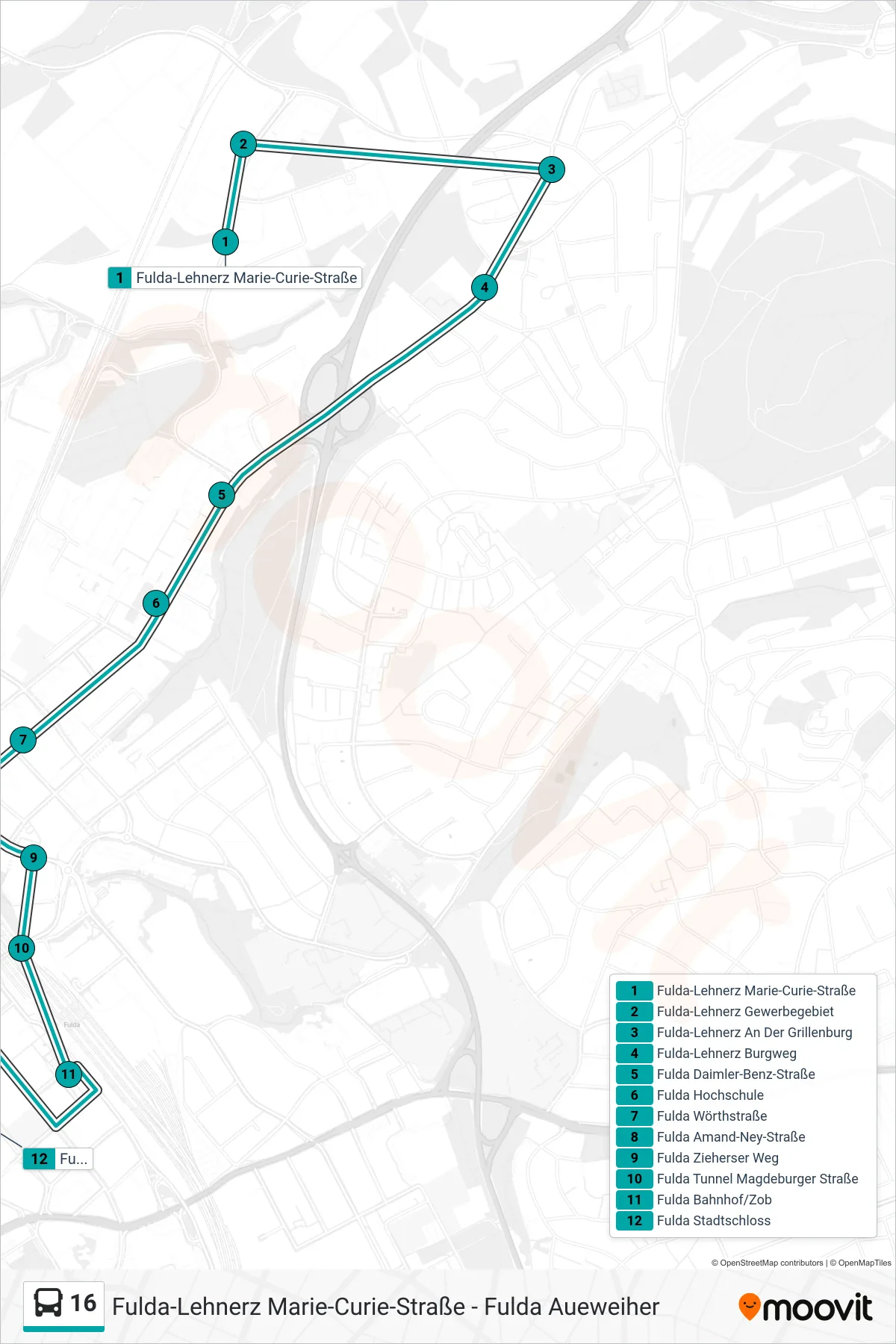 16 bus Line (Fulda Stadtschloss) route and stops on a map