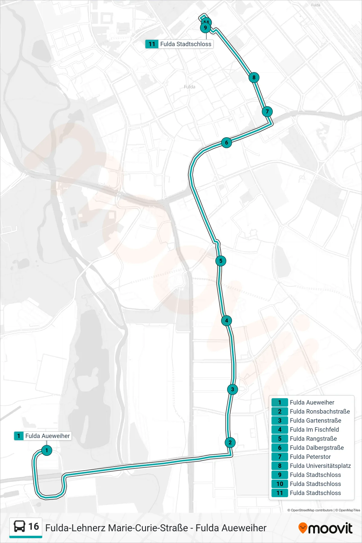 Linie 16 (Bus) Richtung Fulda Stadtschloss: Route und Haltestellen auf der Karte