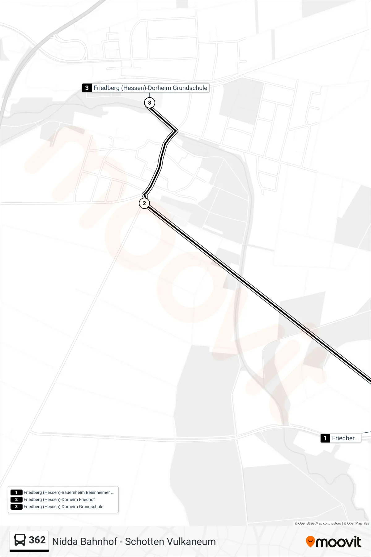 362 bus Line (Friedberg (Hessen)-Dorheim Grundschule) route and stops on a map