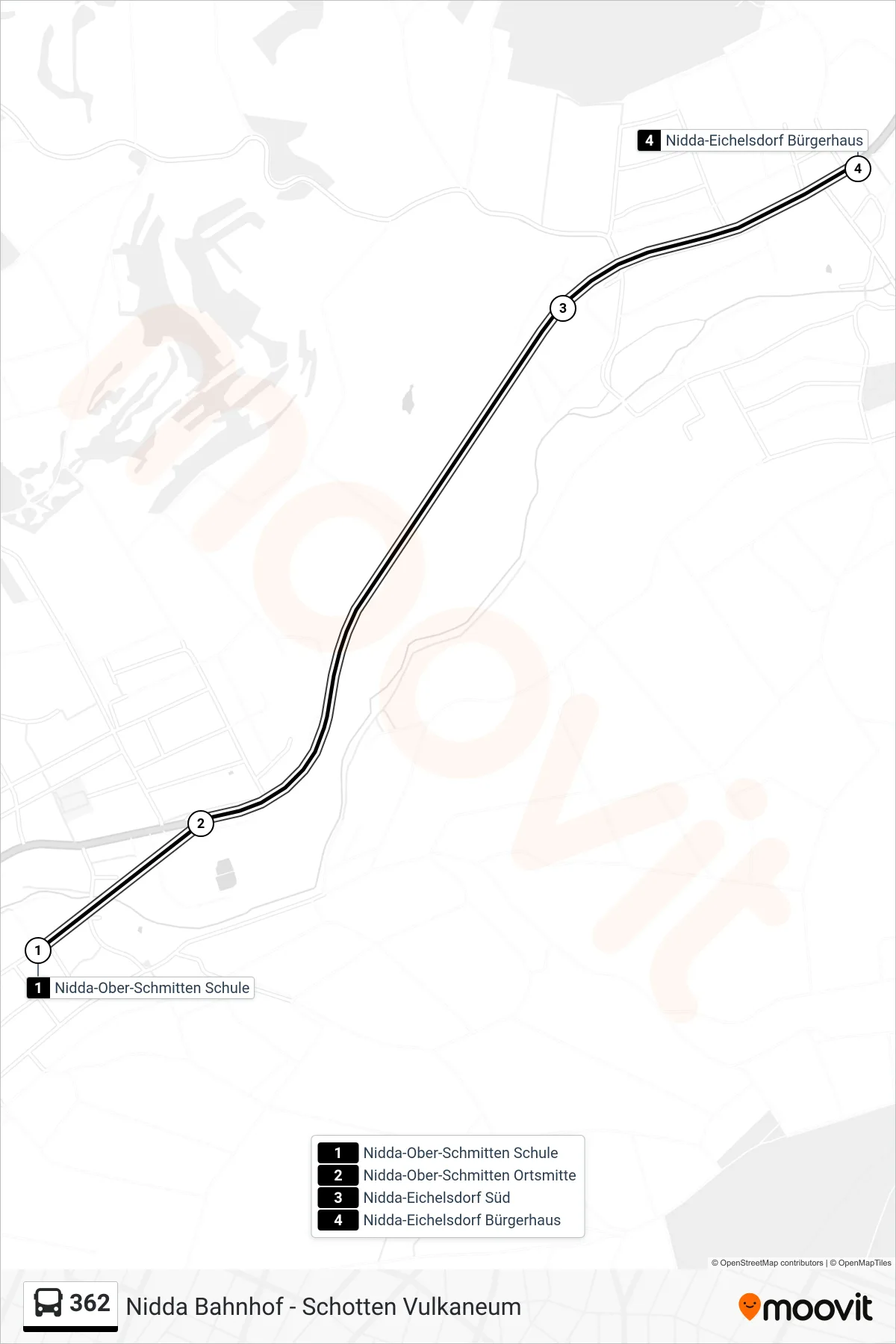362 bus Line (Nidda-Eichelsdorf Bürgerhaus) route and stops on a map