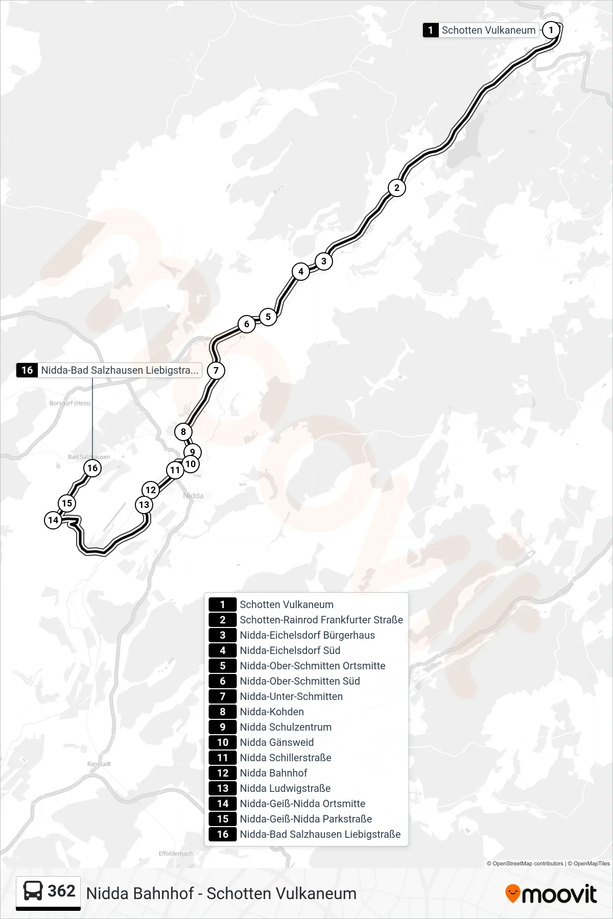 362 bus Line (Nidda-Bad Salzhausen Liebigstraße) route and stops on a map