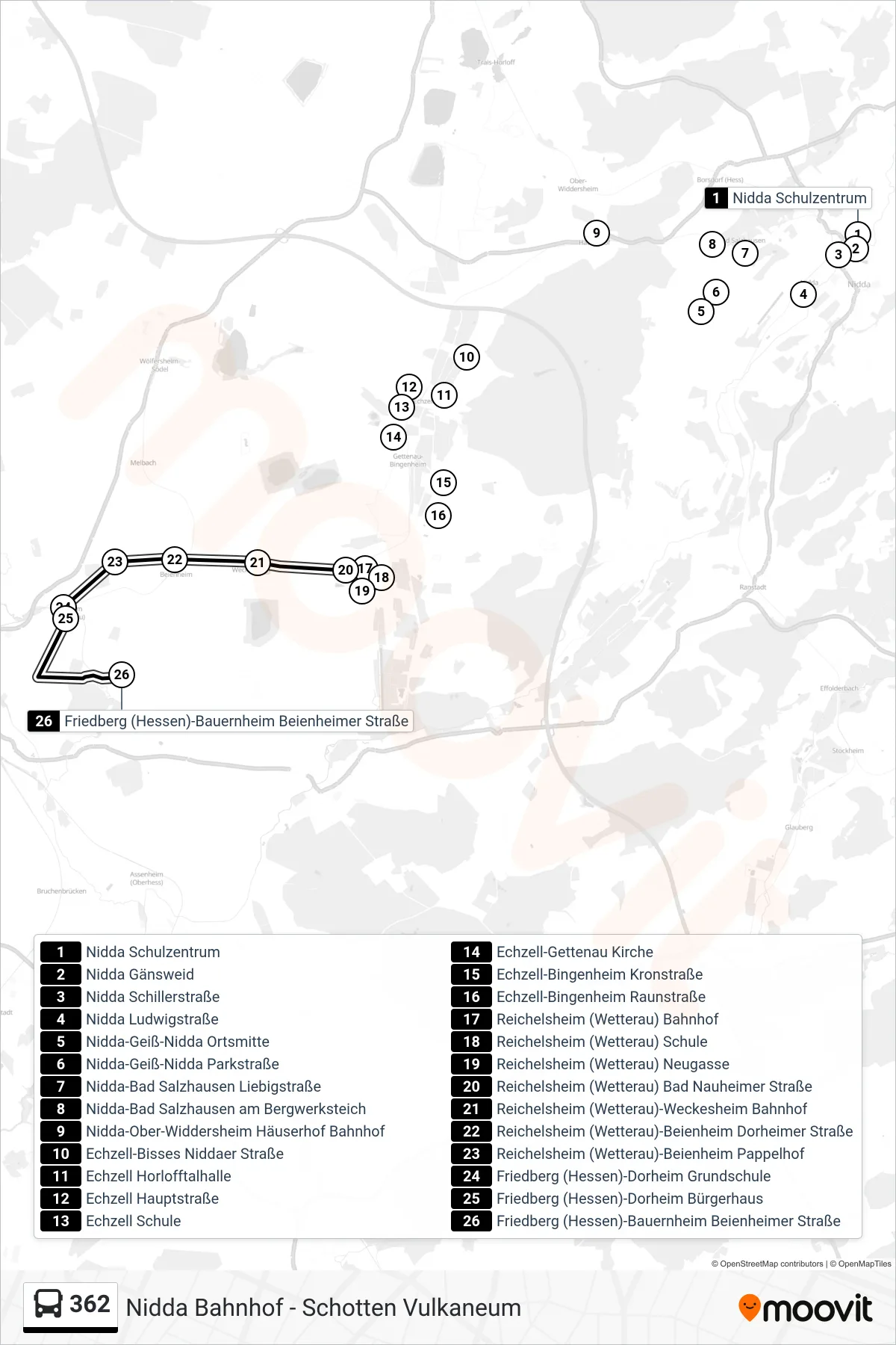 362 bus Line (Friedberg (Hessen)-Bauernheim Beienheimer Straße) route and stops on a map