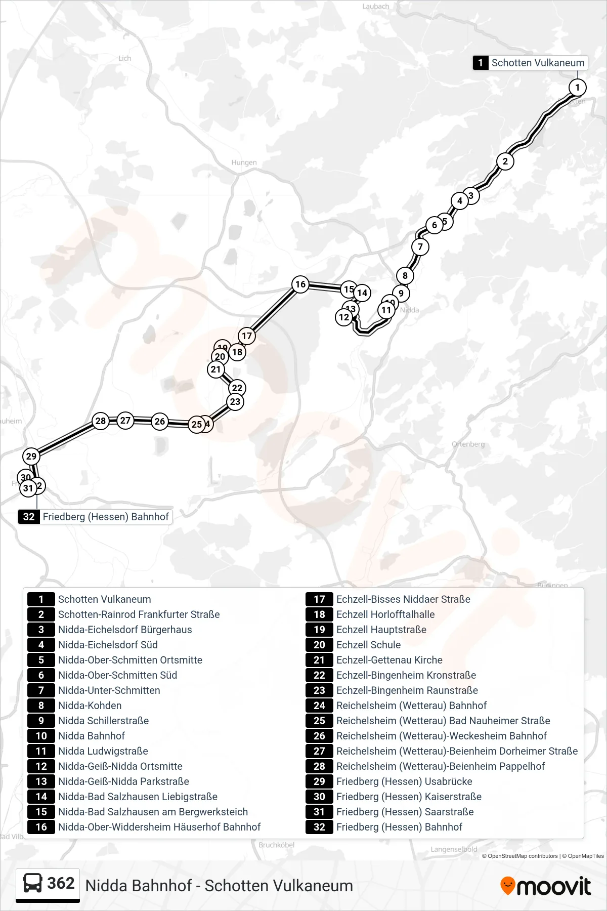 362 bus Line (Friedberg (Hessen) Bahnhof) route and stops on a map