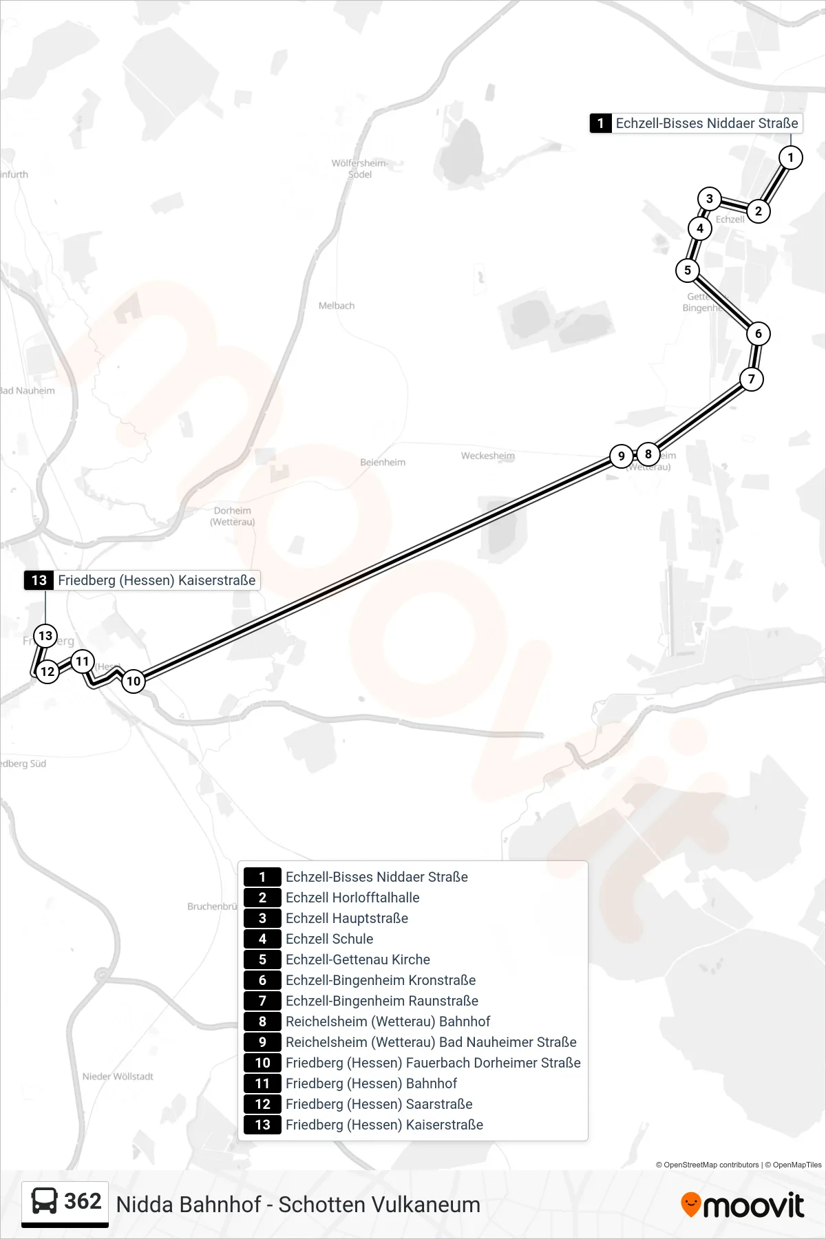 Linie 362 (Bus) Richtung Friedberg (Hessen) Kaiserstraße: Route und Haltestellen auf der Karte