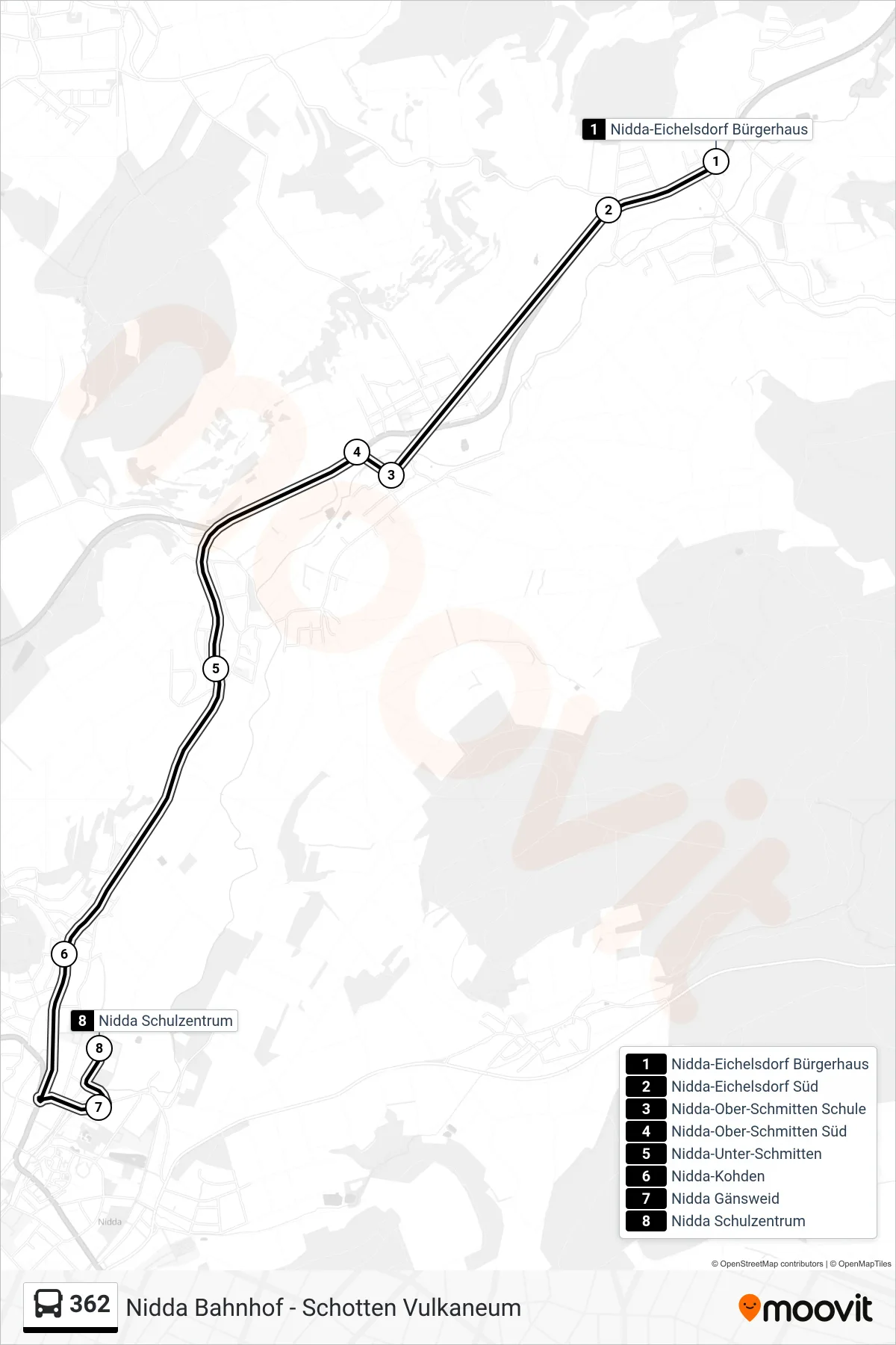 362 bus Line (Nidda Schulzentrum) route and stops on a map