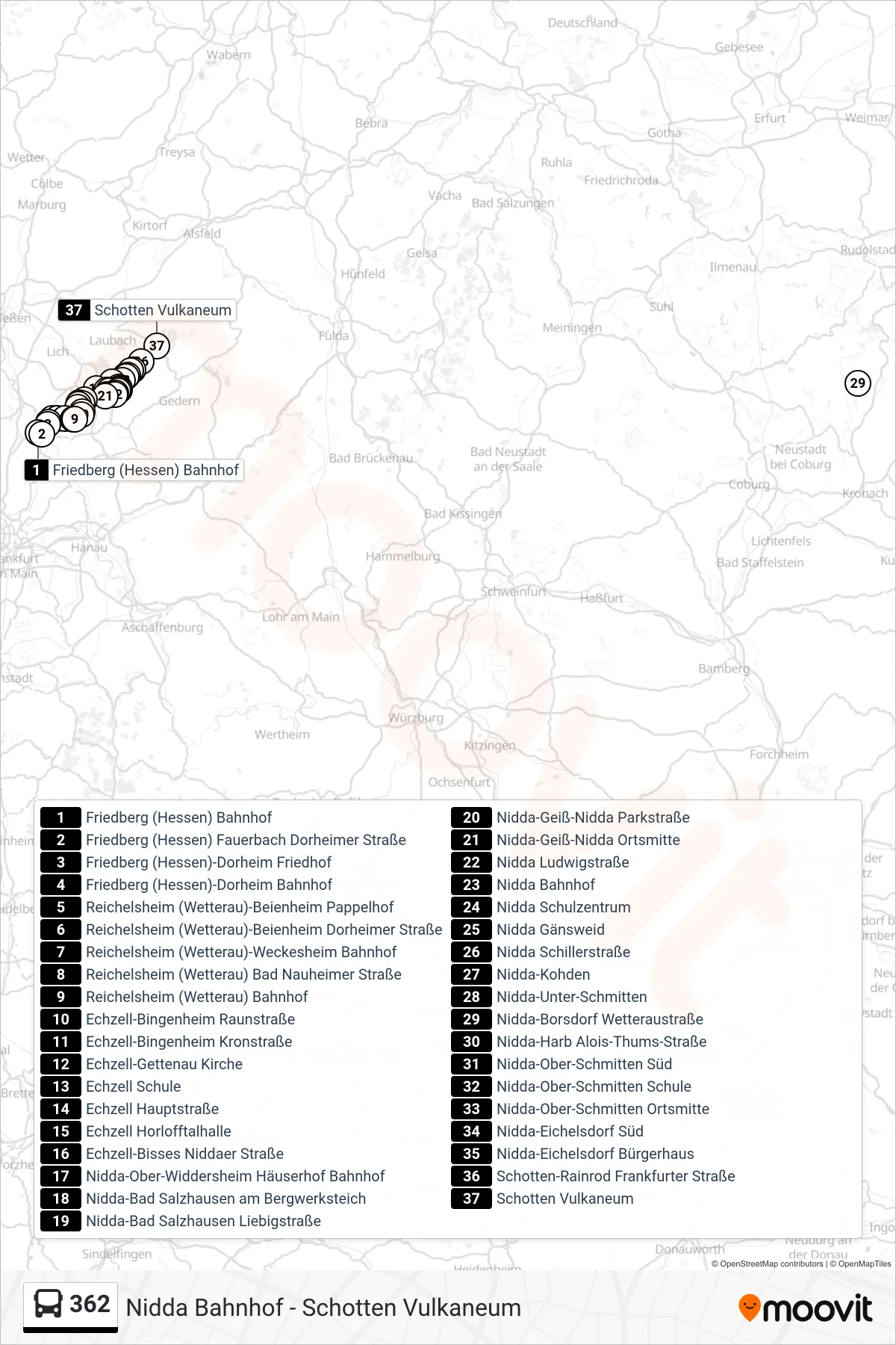 362 bus Line (Schotten Vulkaneum) route and stops on a map