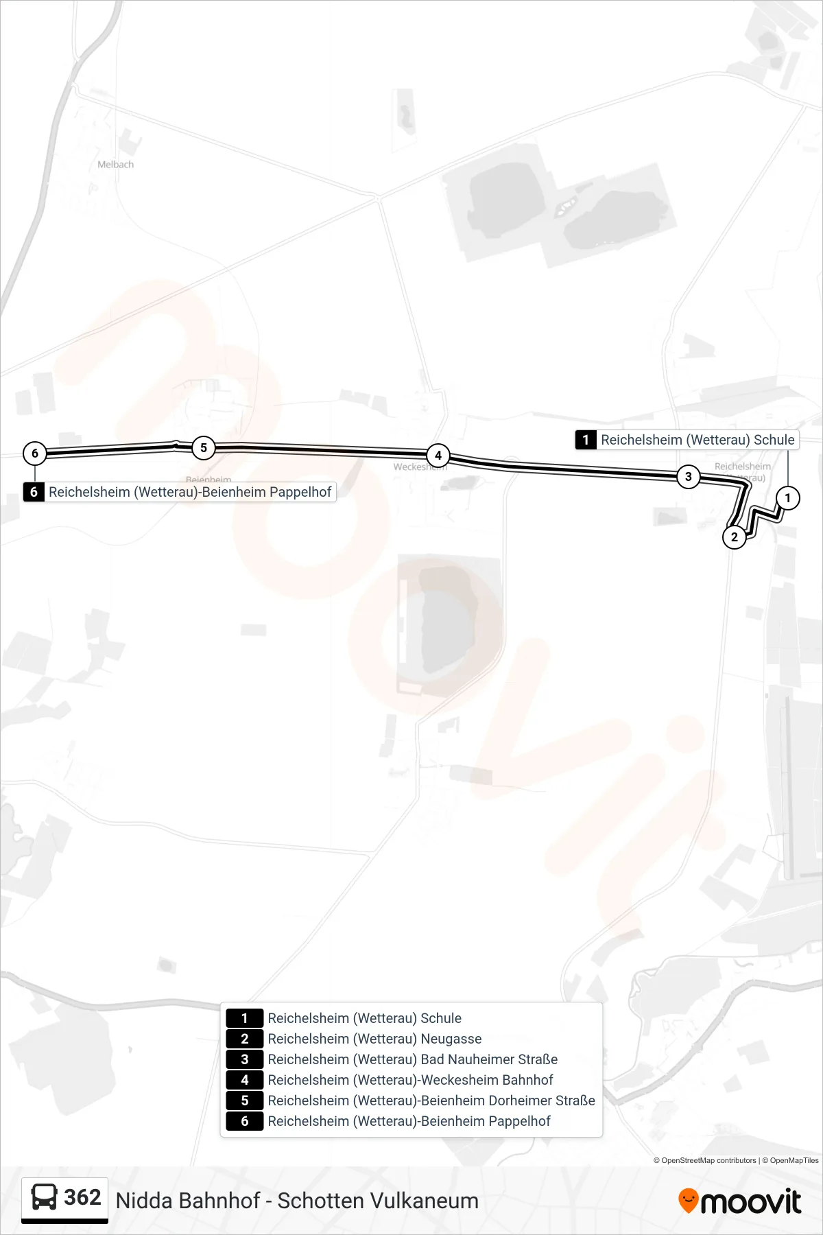 362 bus Line (Reichelsheim (Wetterau)-Beienheim Pappelhof) route and stops on a map