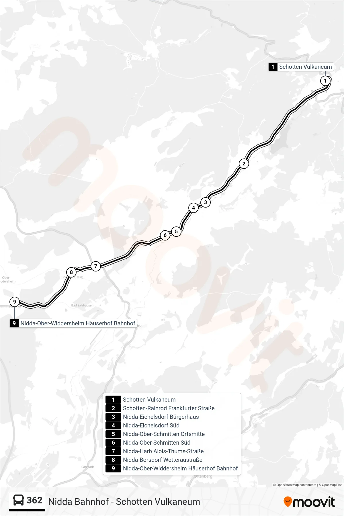 362 bus Line (Nidda-Ober-Widdersheim Häuserhof Bahnhof) route and stops on a map