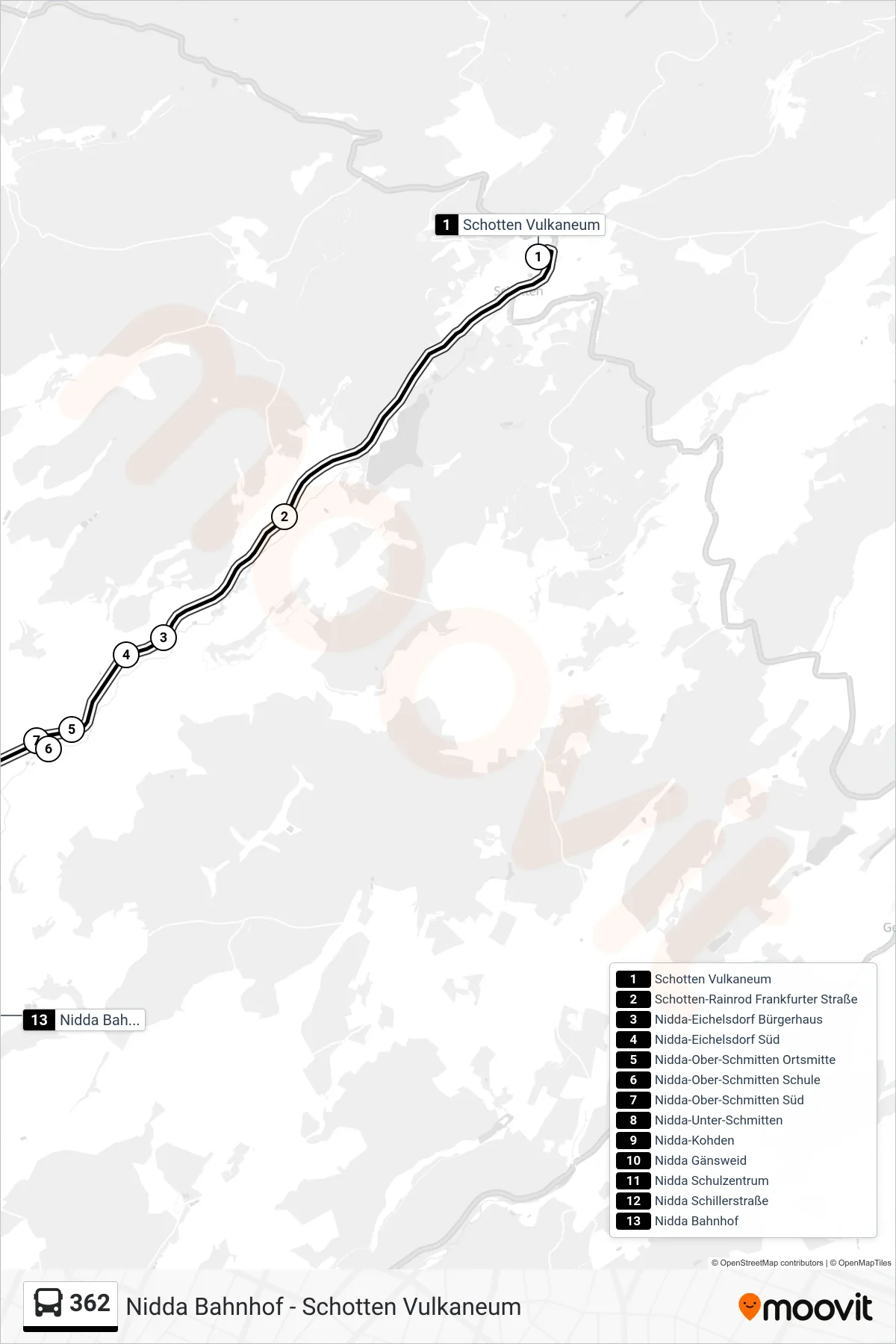 362 bus Line (Nidda Bahnhof) route and stops on a map
