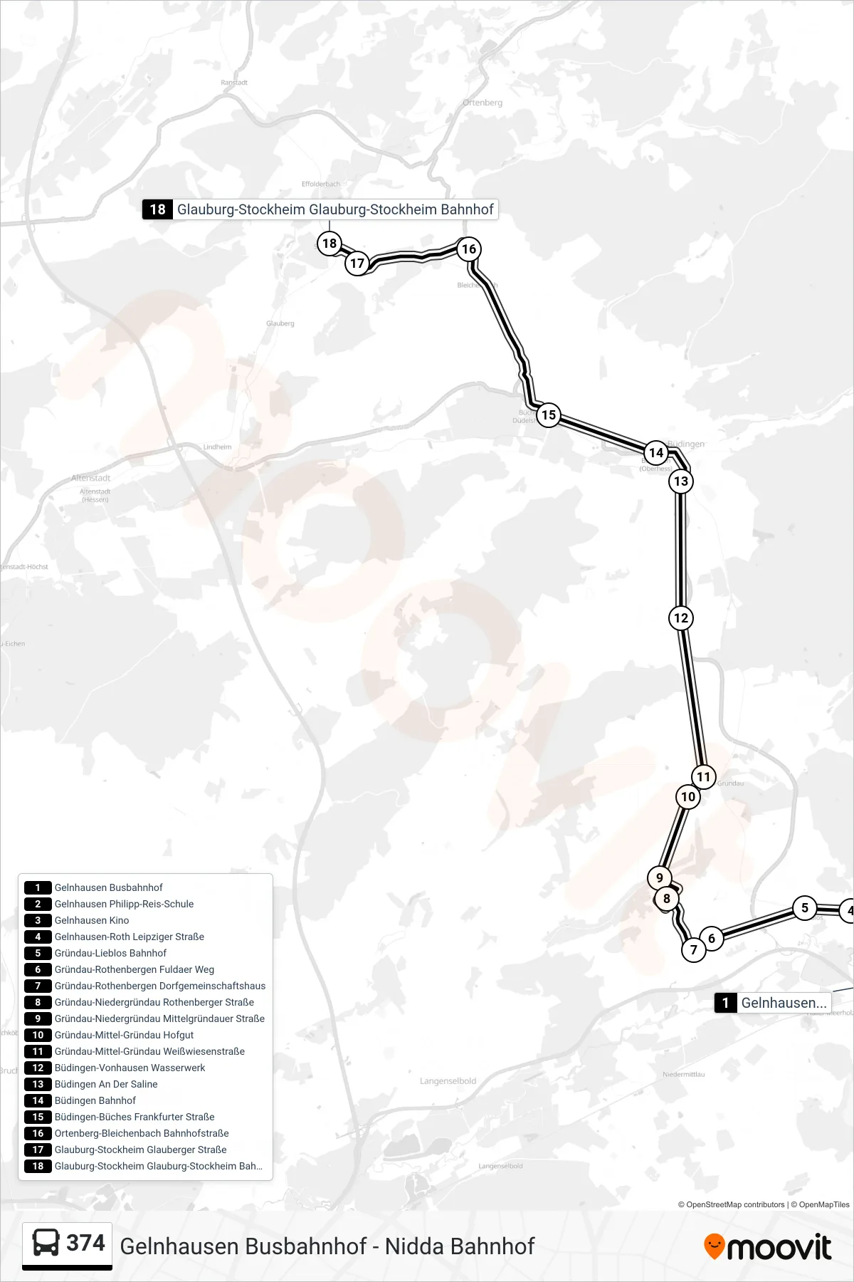 Linie 374 (Bus) Richtung Glauburg-Stockheim Glauburg-Stockheim Bahnhof: Route und Haltestellen auf der Karte