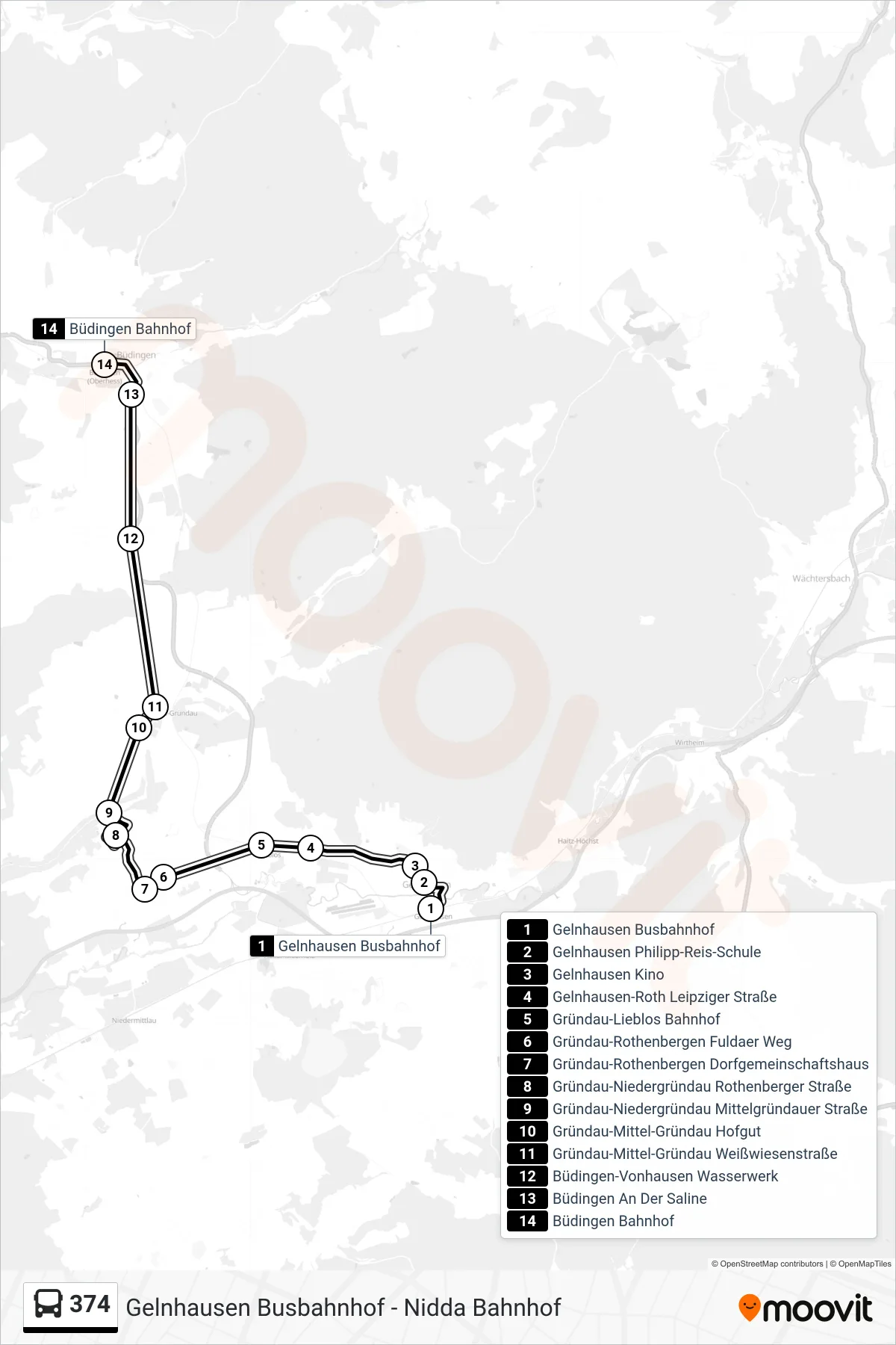 374 bus Line (Büdingen Bahnhof) route and stops on a map
