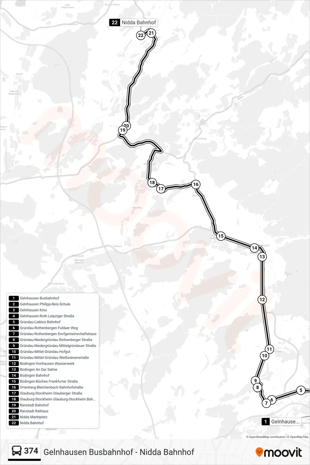 374 bus Line (Nidda Bahnhof) route and stops on a map