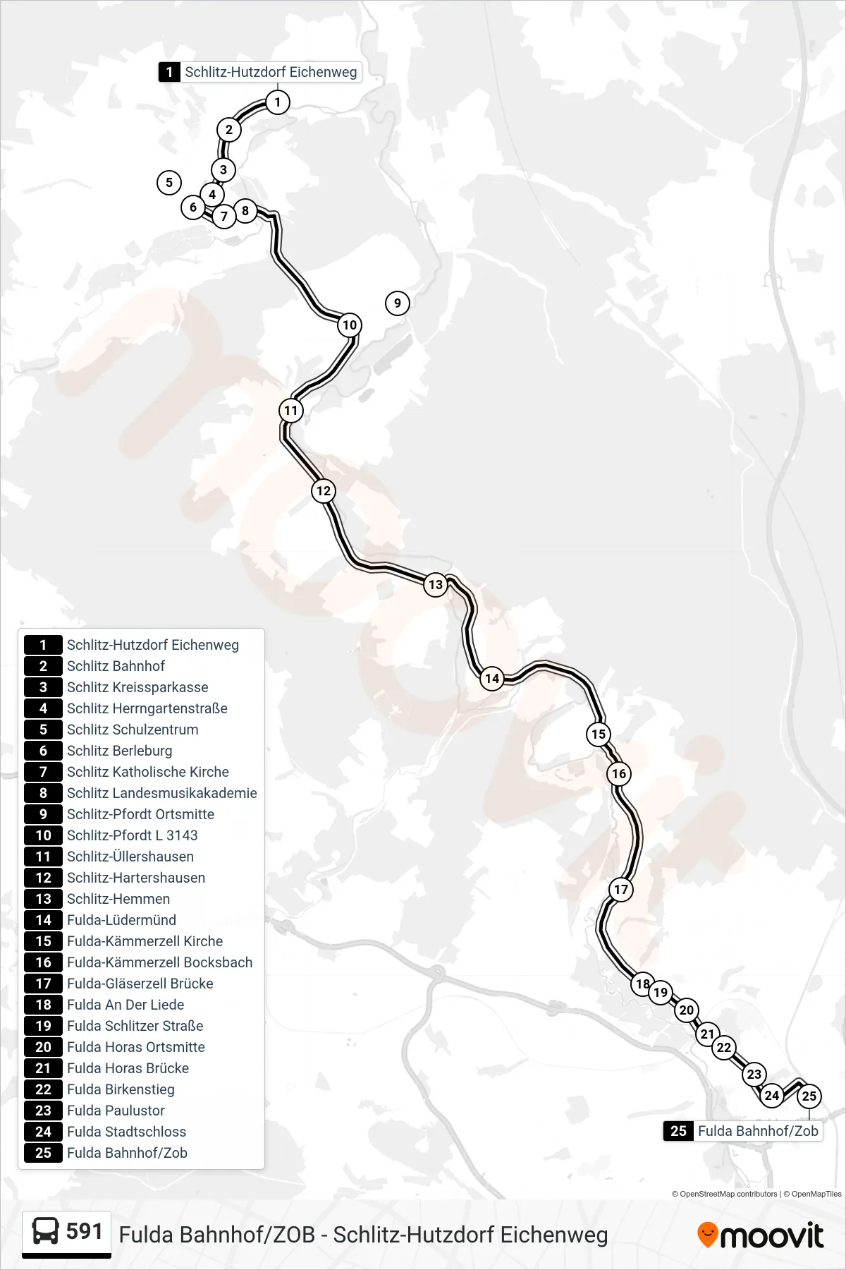 591 bus Line (Fulda Bahnhof/Zob) route and stops on a map