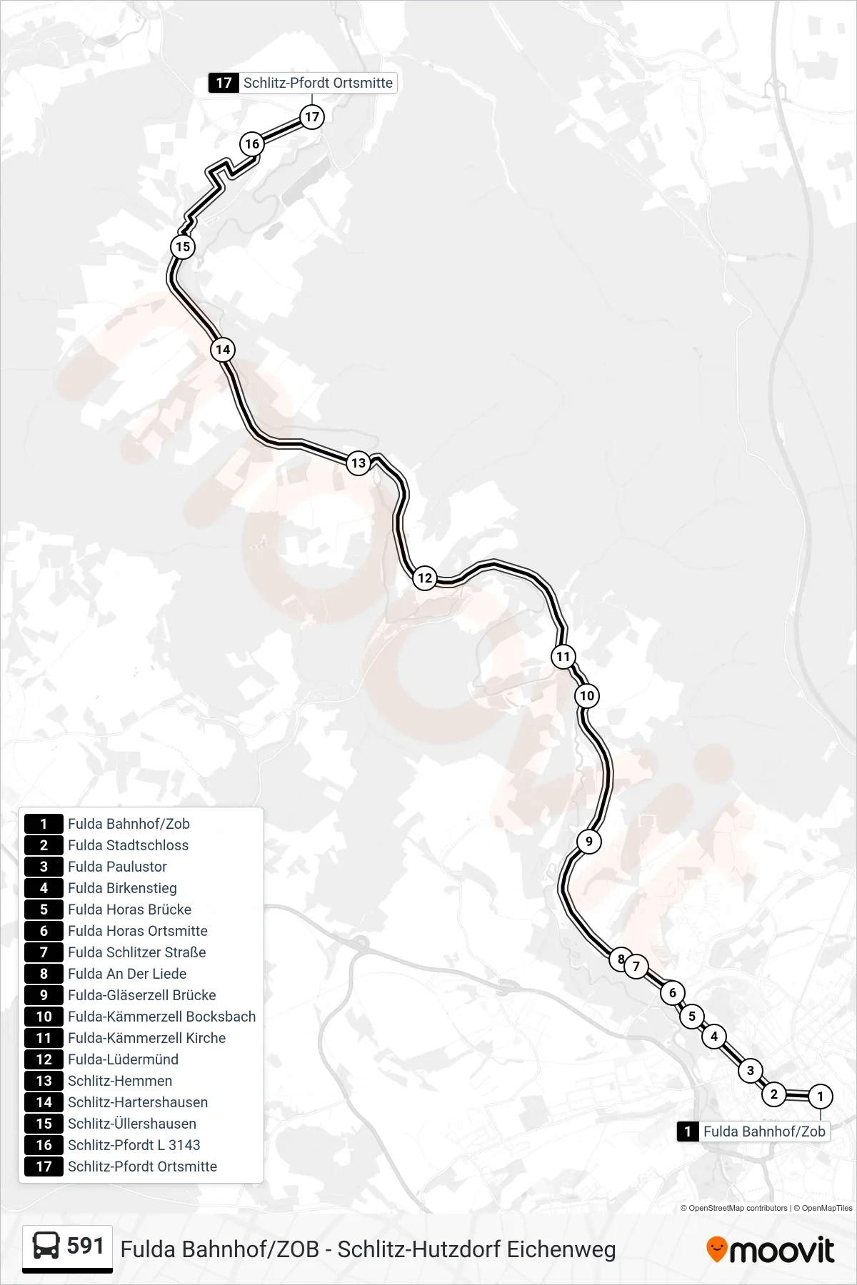 591 bus Line (Schlitz-Pfordt Ortsmitte) route and stops on a map