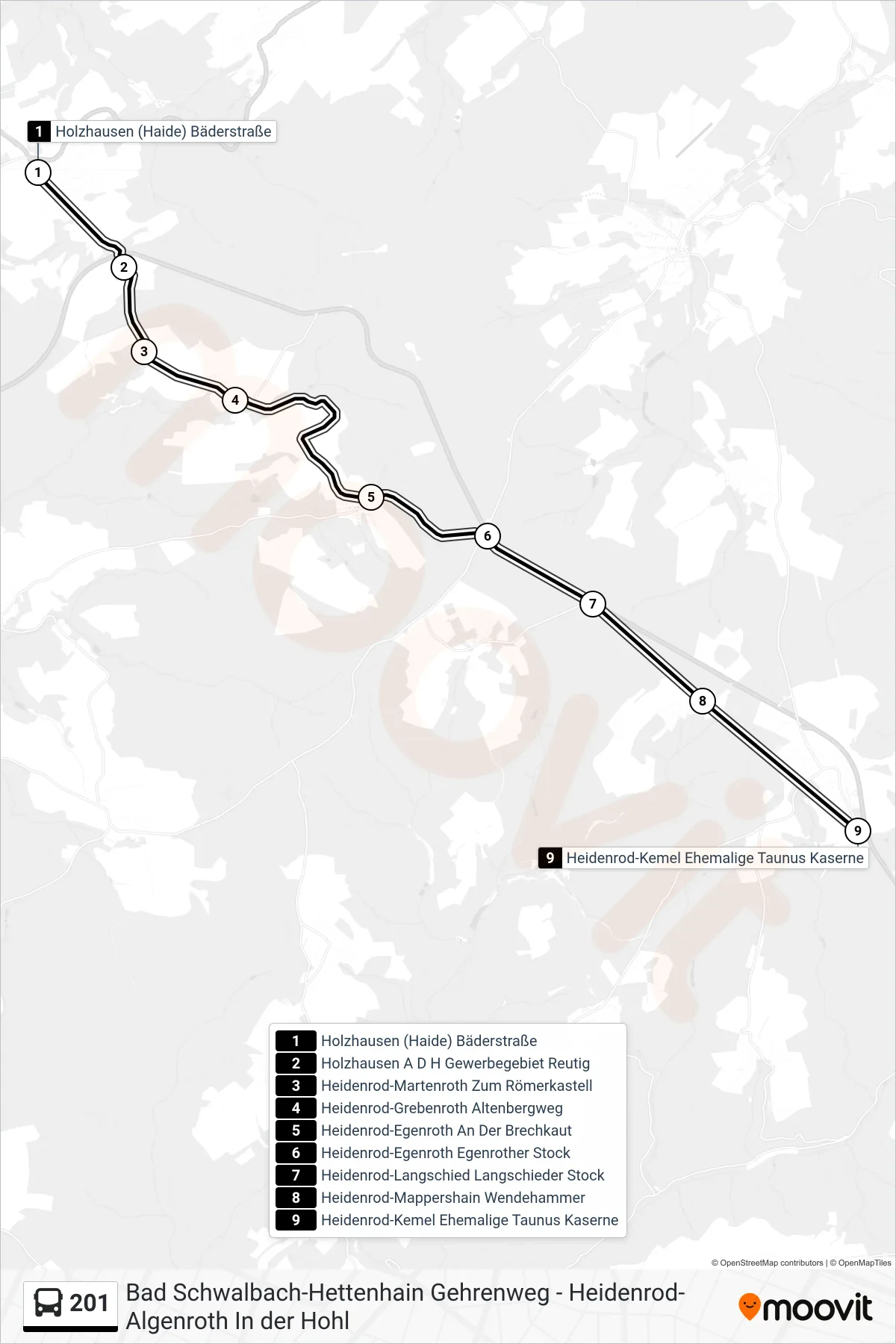 201 bus Line (Heidenrod-Kemel Ehemalige Taunus Kaserne) route and stops on a map