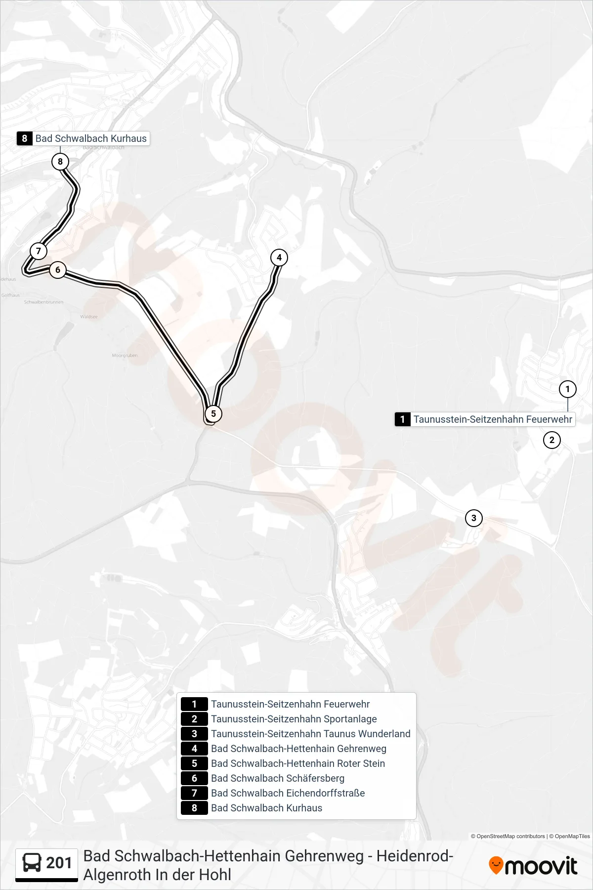 201 bus Line (Bad Schwalbach Kurhaus) route and stops on a map