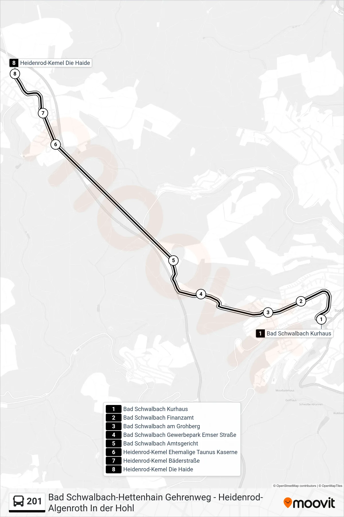 201 bus Line (Heidenrod-Kemel Die Haide) route and stops on a map