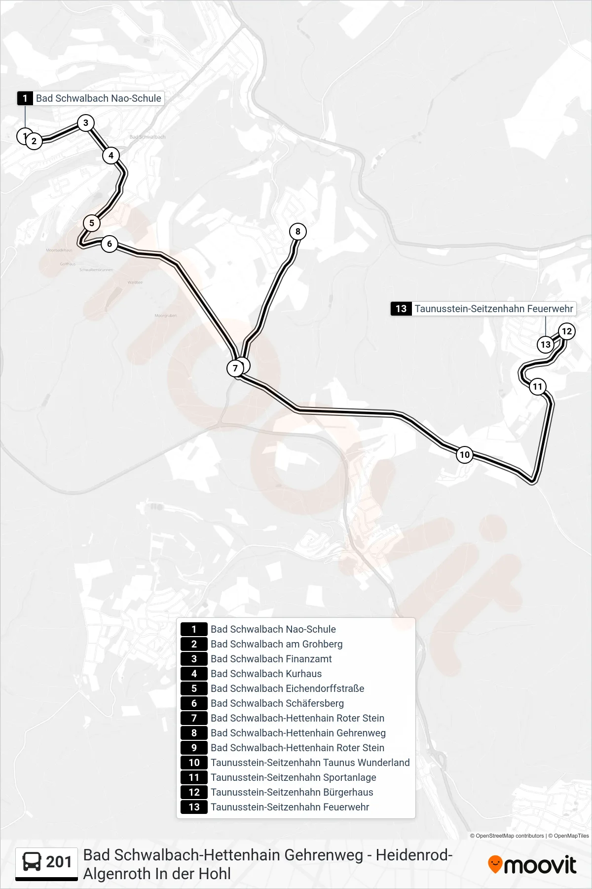 201 bus Line (Taunusstein-Seitzenhahn Feuerwehr) route and stops on a map