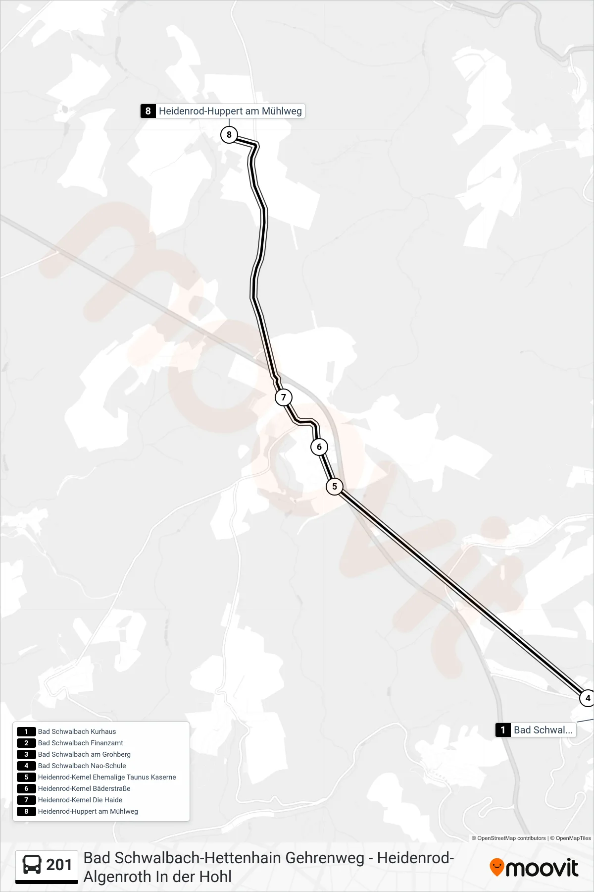 201 bus Line (Heidenrod-Huppert am Mühlweg) route and stops on a map