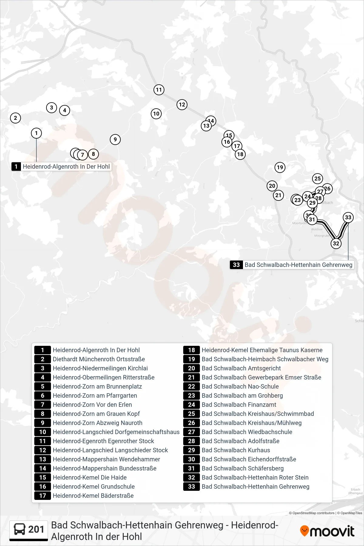 201 bus Line (Bad Schwalbach-Hettenhain Gehrenweg) route and stops on a map
