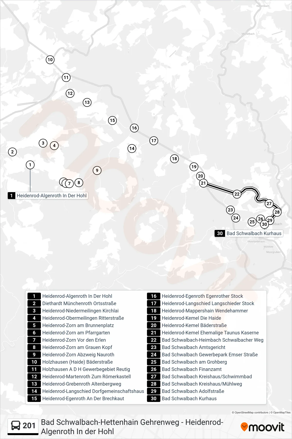 201 bus Line (Bad Schwalbach Kurhaus) route and stops on a map