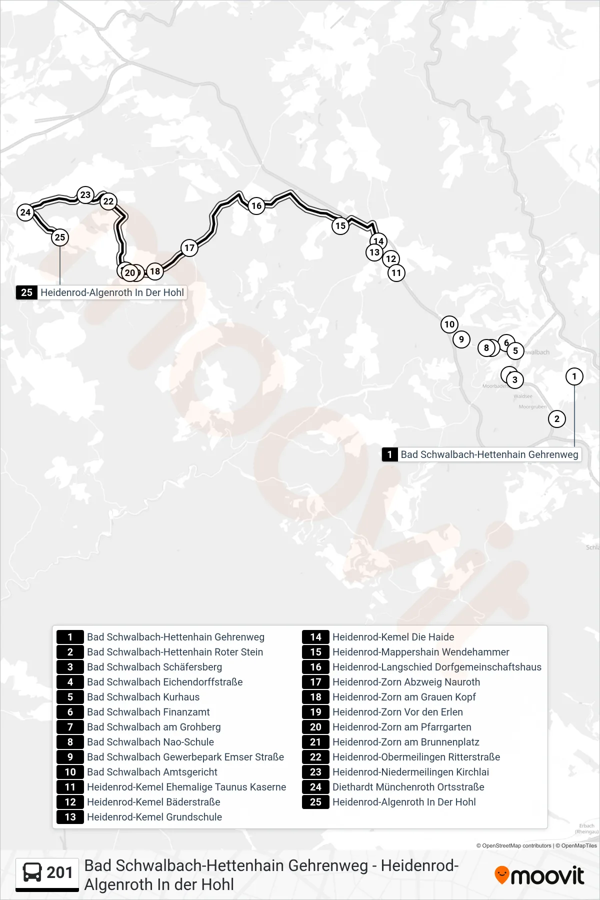 201 bus Line (Heidenrod-Algenroth In Der Hohl) route and stops on a map