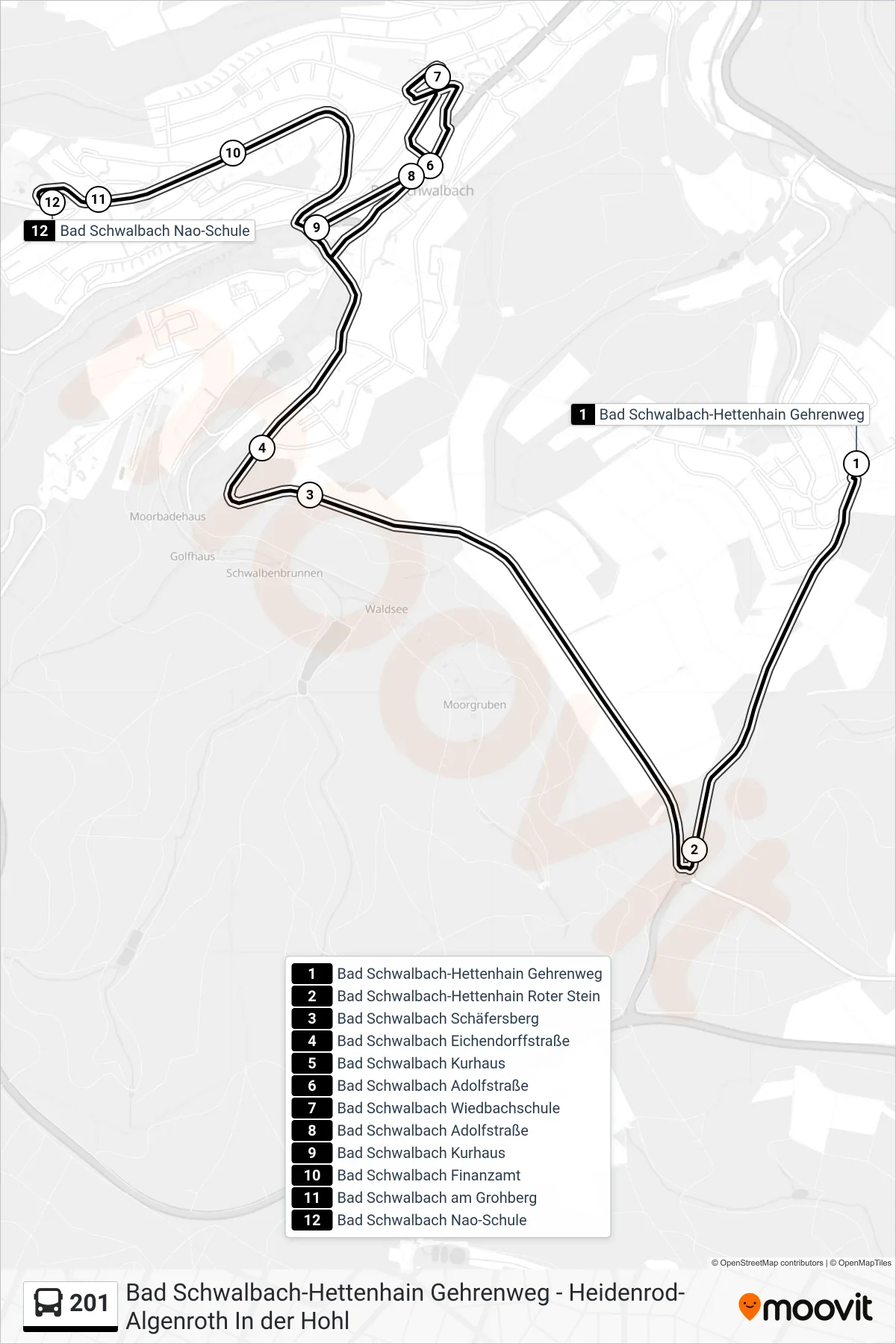 201 bus Line (Bad Schwalbach Nao-Schule) route and stops on a map