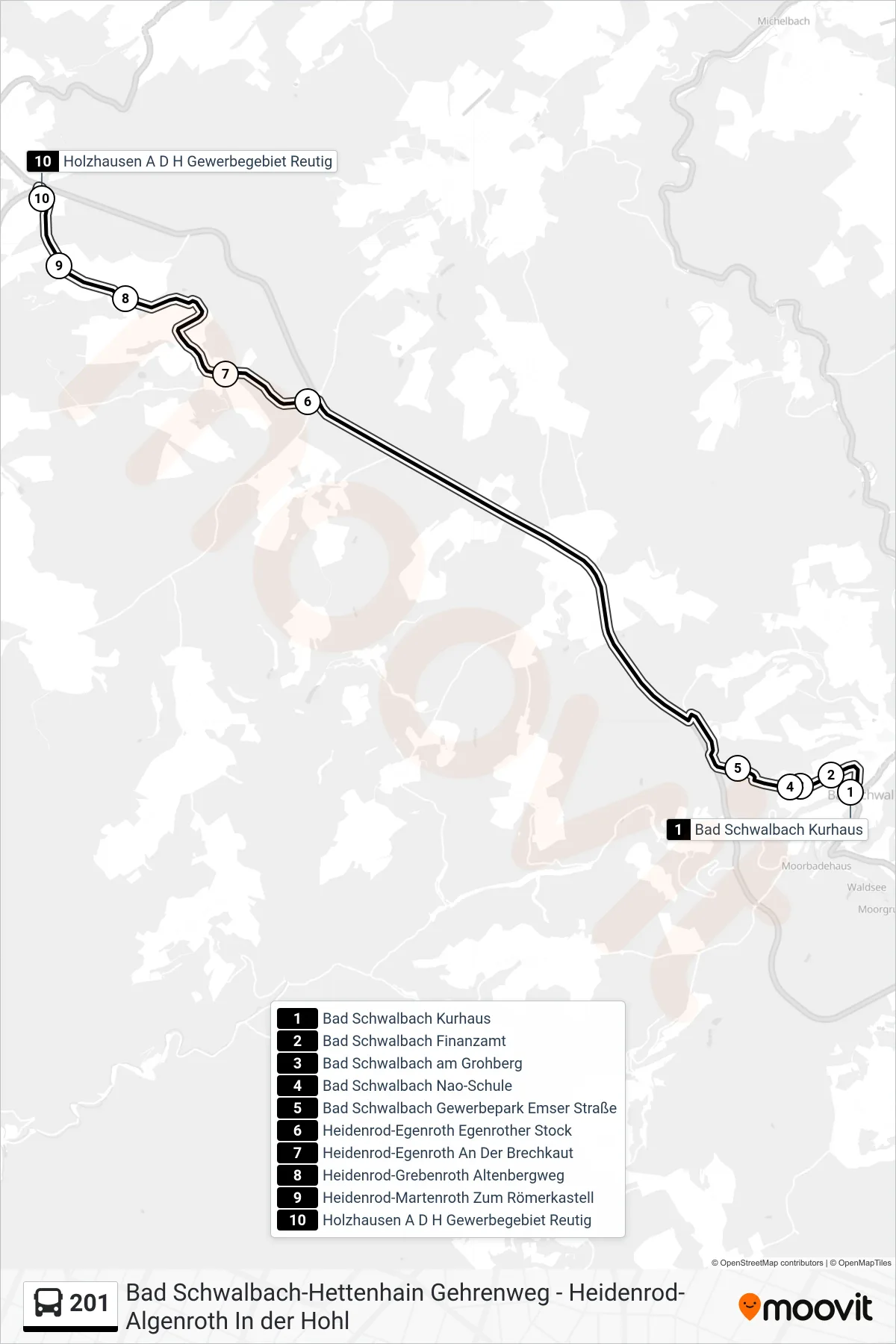 201 bus Line (Holzhausen A D H Gewerbegebiet Reutig) route and stops on a map