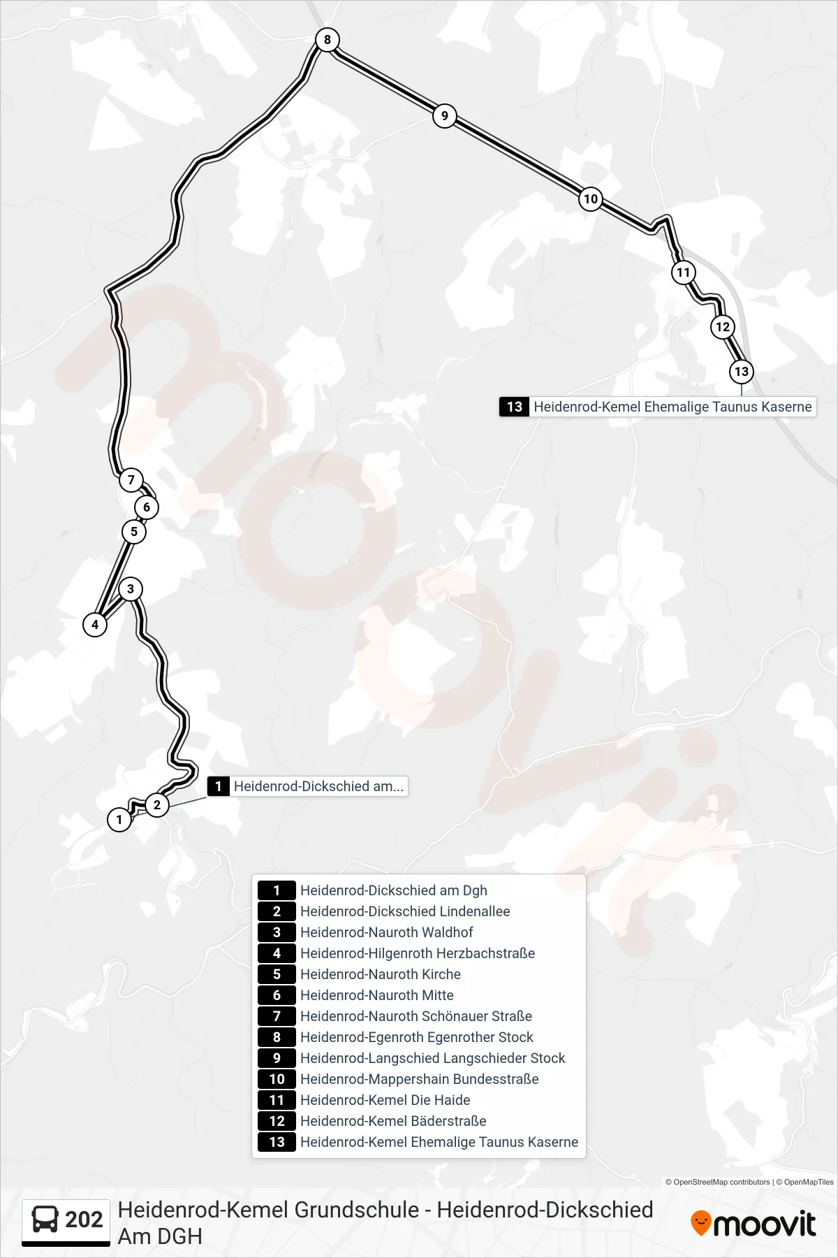 Linie 202 (Bus) Richtung Heidenrod-Kemel Ehemalige Taunus Kaserne: Route und Haltestellen auf der Karte