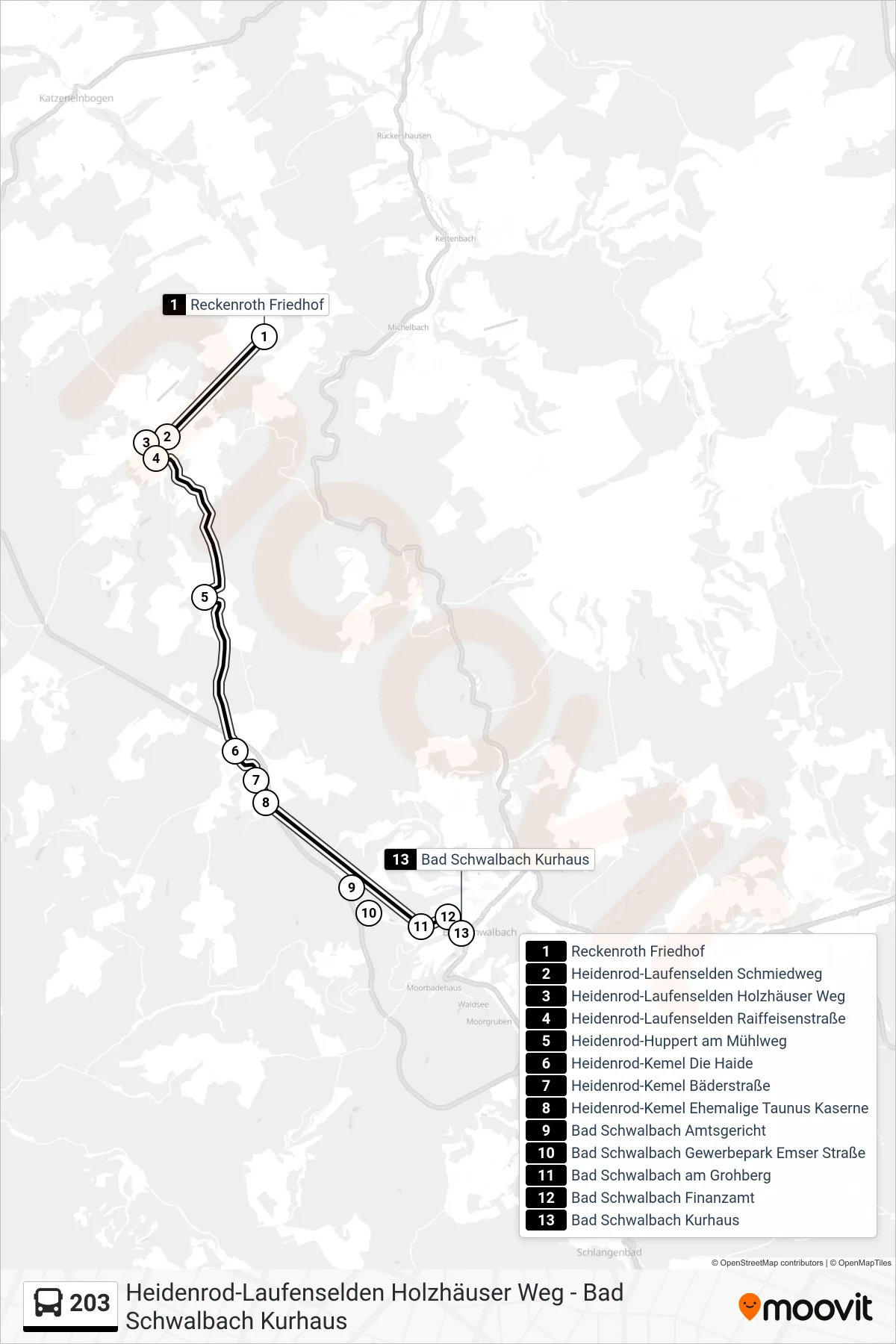 203 bus Line (Bad Schwalbach Kurhaus) route and stops on a map