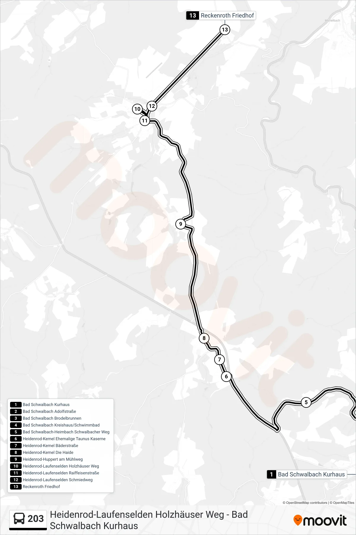 Linie 203 (Bus) Richtung Reckenroth Friedhof: Route und Haltestellen auf der Karte