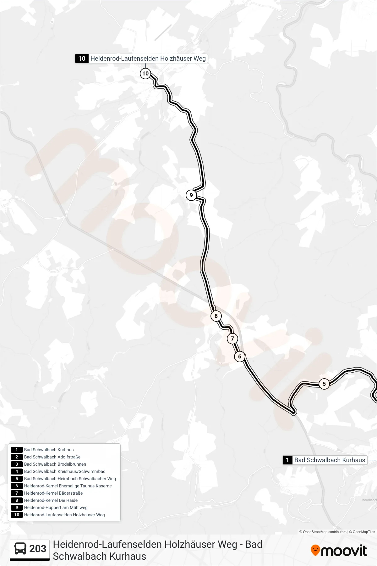203 bus Line (Heidenrod-Laufenselden Holzhäuser Weg) route and stops on a map