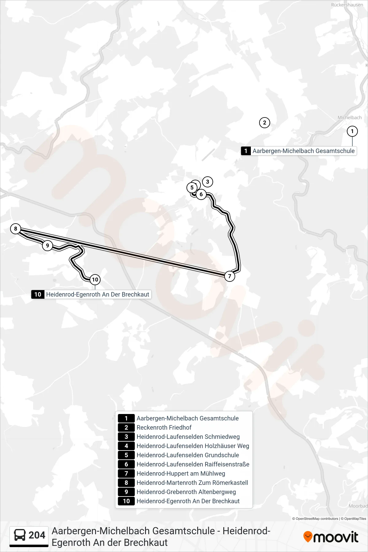 204 bus Line (Heidenrod-Egenroth An Der Brechkaut) route and stops on a map