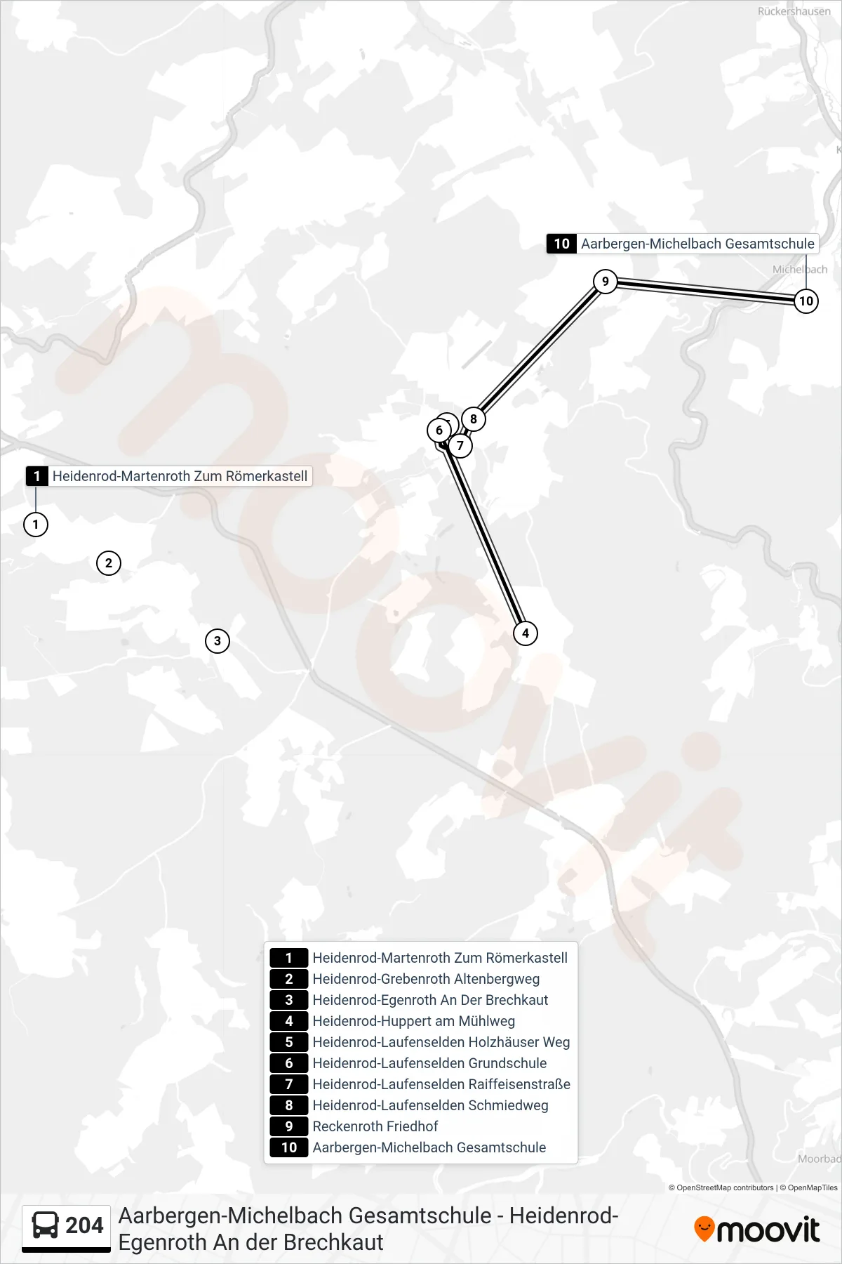 204 bus Line (Aarbergen-Michelbach Gesamtschule) route and stops on a map