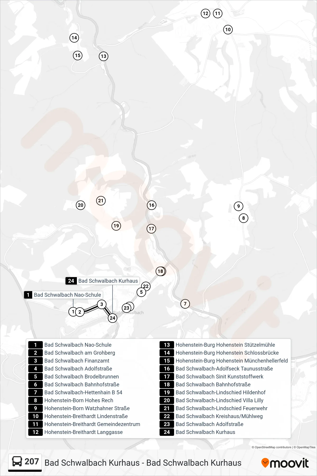 207 bus Line (Bad Schwalbach Kurhaus) route and stops on a map
