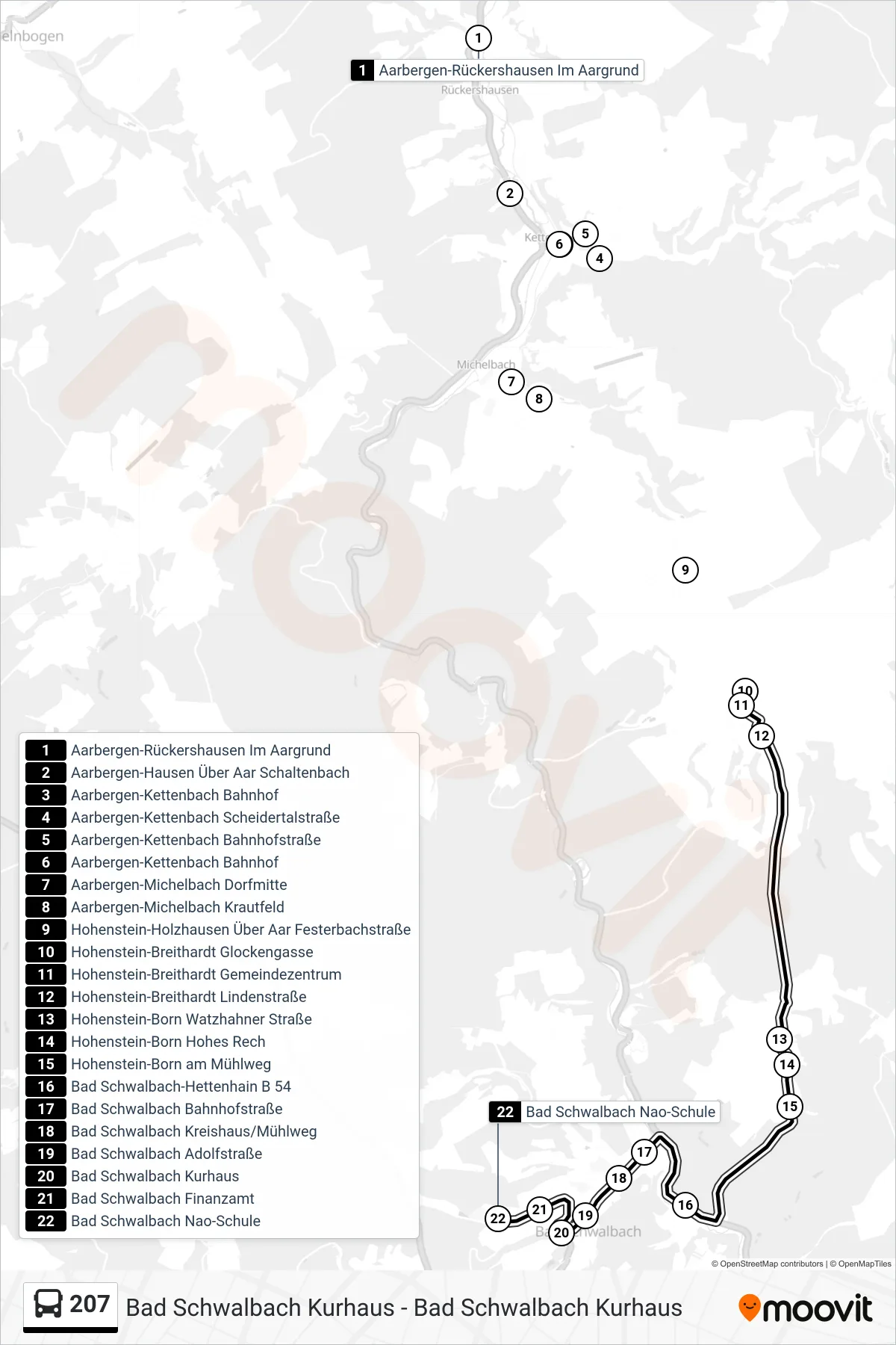 Linie 207 (Bus) Richtung Bad Schwalbach Nao-Schule: Route und Haltestellen auf der Karte