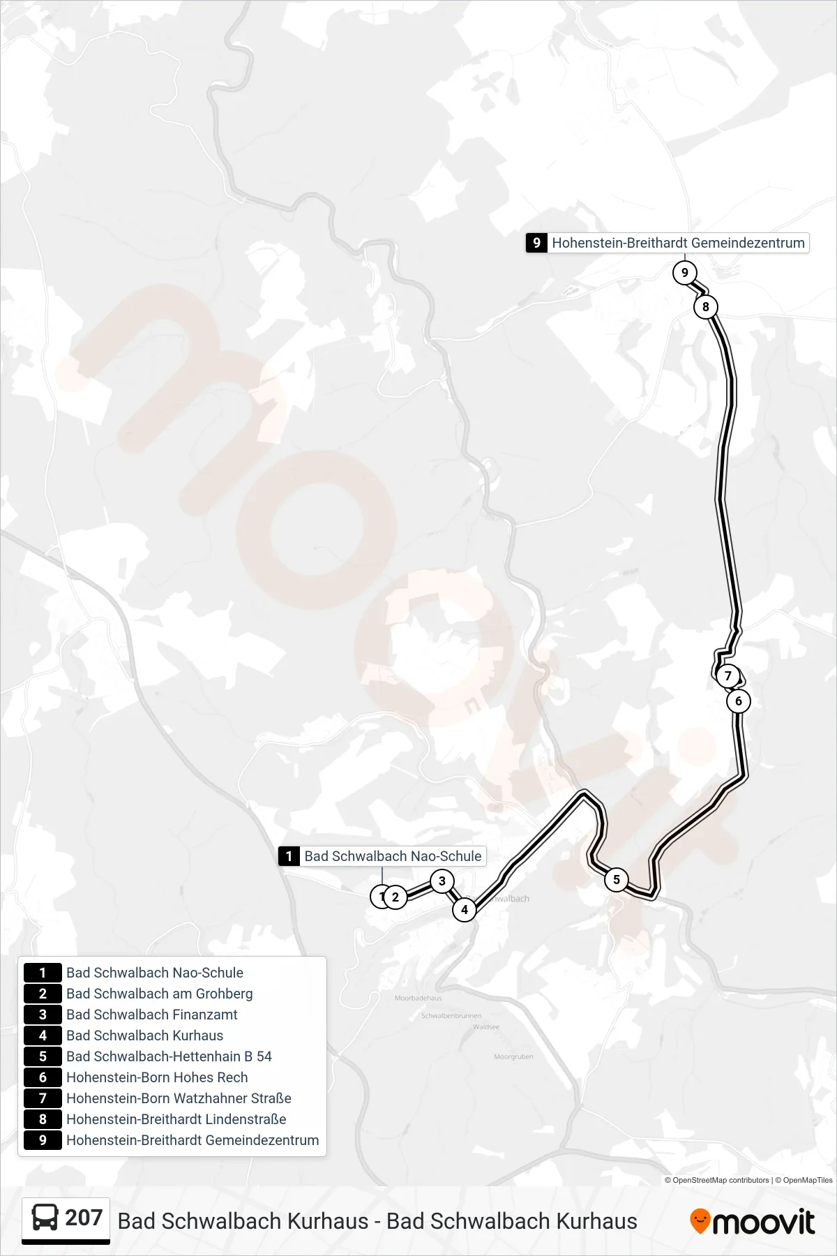 207 bus Line (Hohenstein-Breithardt Gemeindezentrum) route and stops on a map