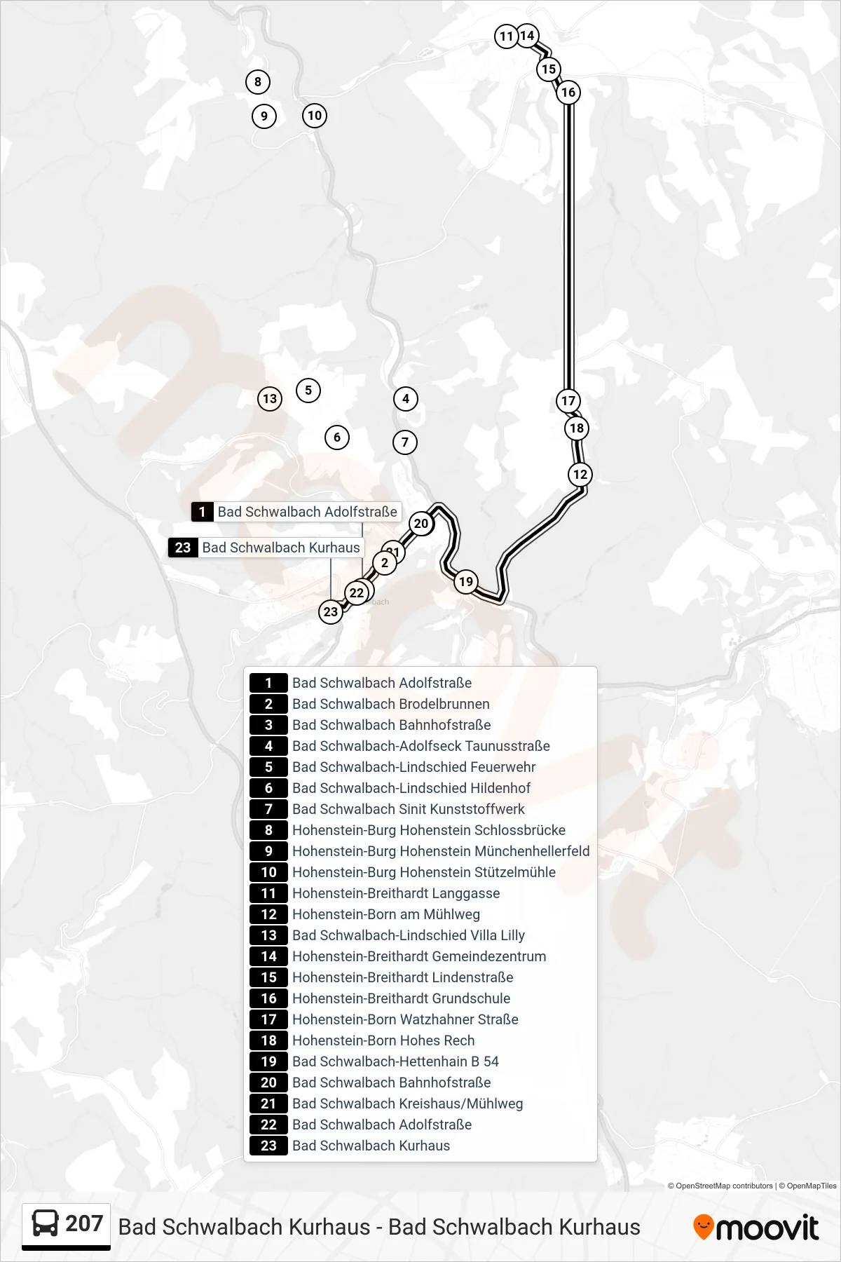 207 bus Line (Bad Schwalbach Kurhaus) route and stops on a map