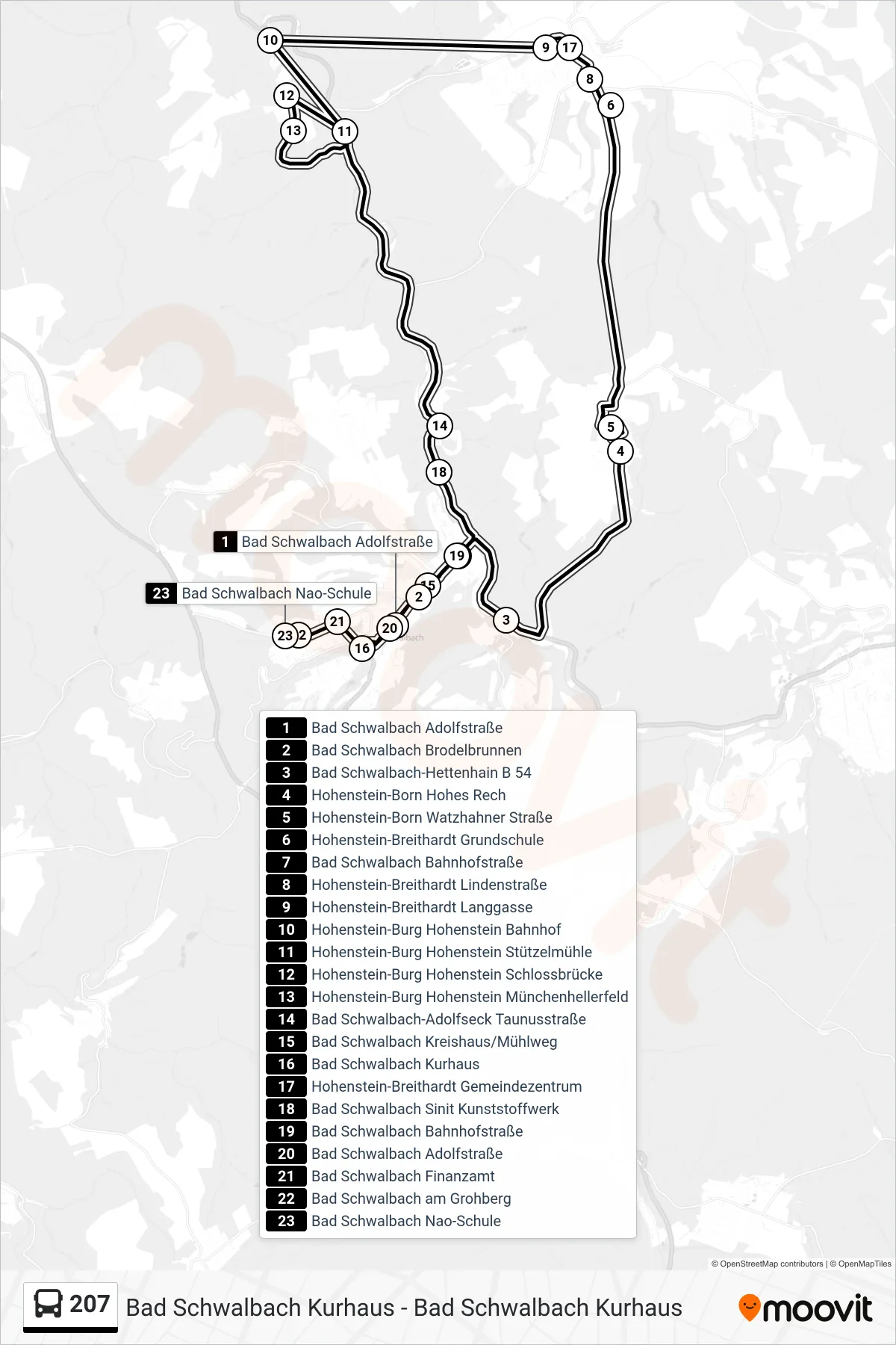 207 bus Line (Bad Schwalbach Nao-Schule) route and stops on a map