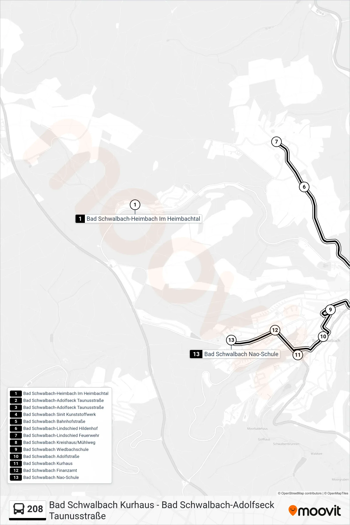 208 bus Line (Bad Schwalbach Nao-Schule) route and stops on a map