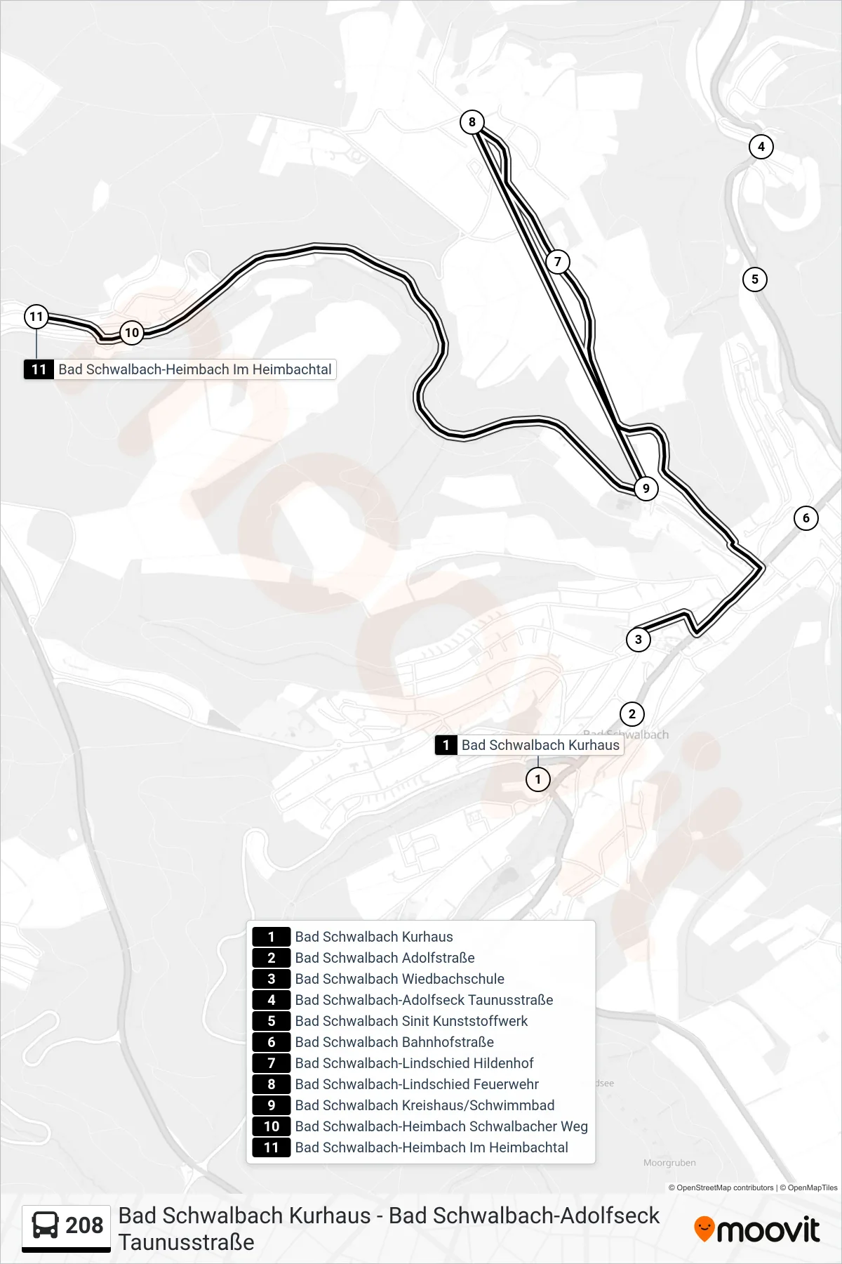 208 bus Line (Bad Schwalbach-Heimbach Im Heimbachtal) route and stops on a map
