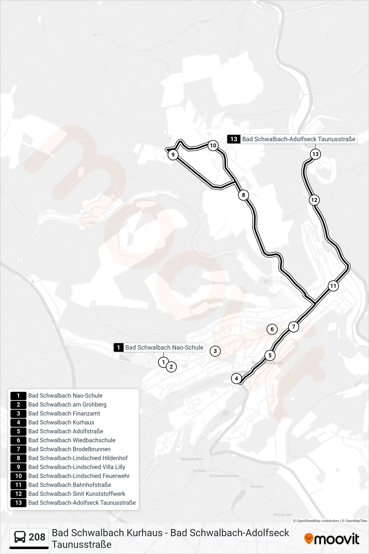 208 bus Line (Bad Schwalbach-Adolfseck Taunusstraße) route and stops on a map